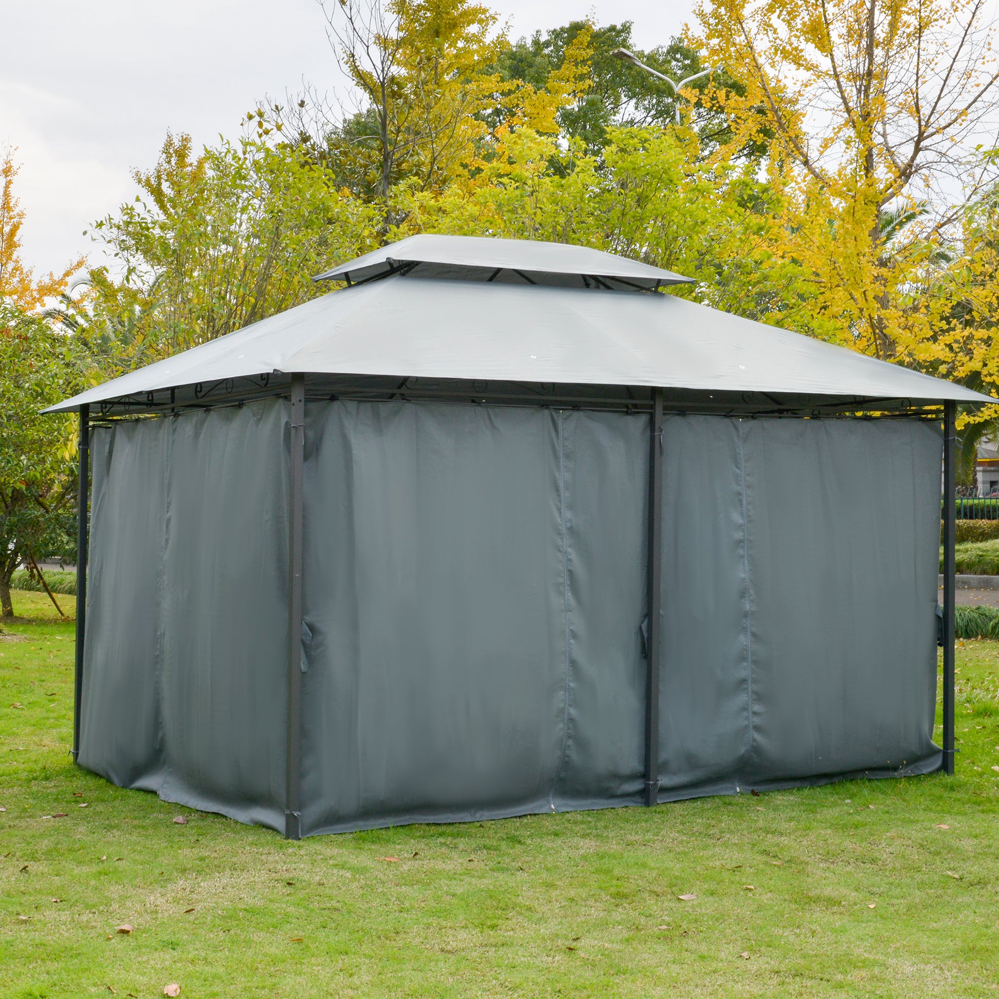 Outsunny 10' X 13' Patio Gazebo, Outdoor Gazebo Canopy Shelter With Curtains, Vented Roof, Steel Frame For Garden, Lawn, Backyard And Deck, Sage Gray Black Steel