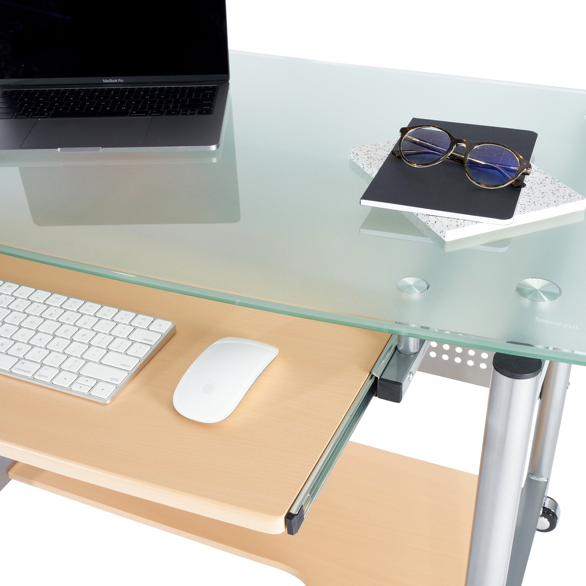 Techni Mobili Rolling Computer Desk, Glass And Silver Silver Keyboard Tray Computer Desk Office Modern Floor Mount Rectangular Rectangular Temptered Glass Stainless Steel Mdf