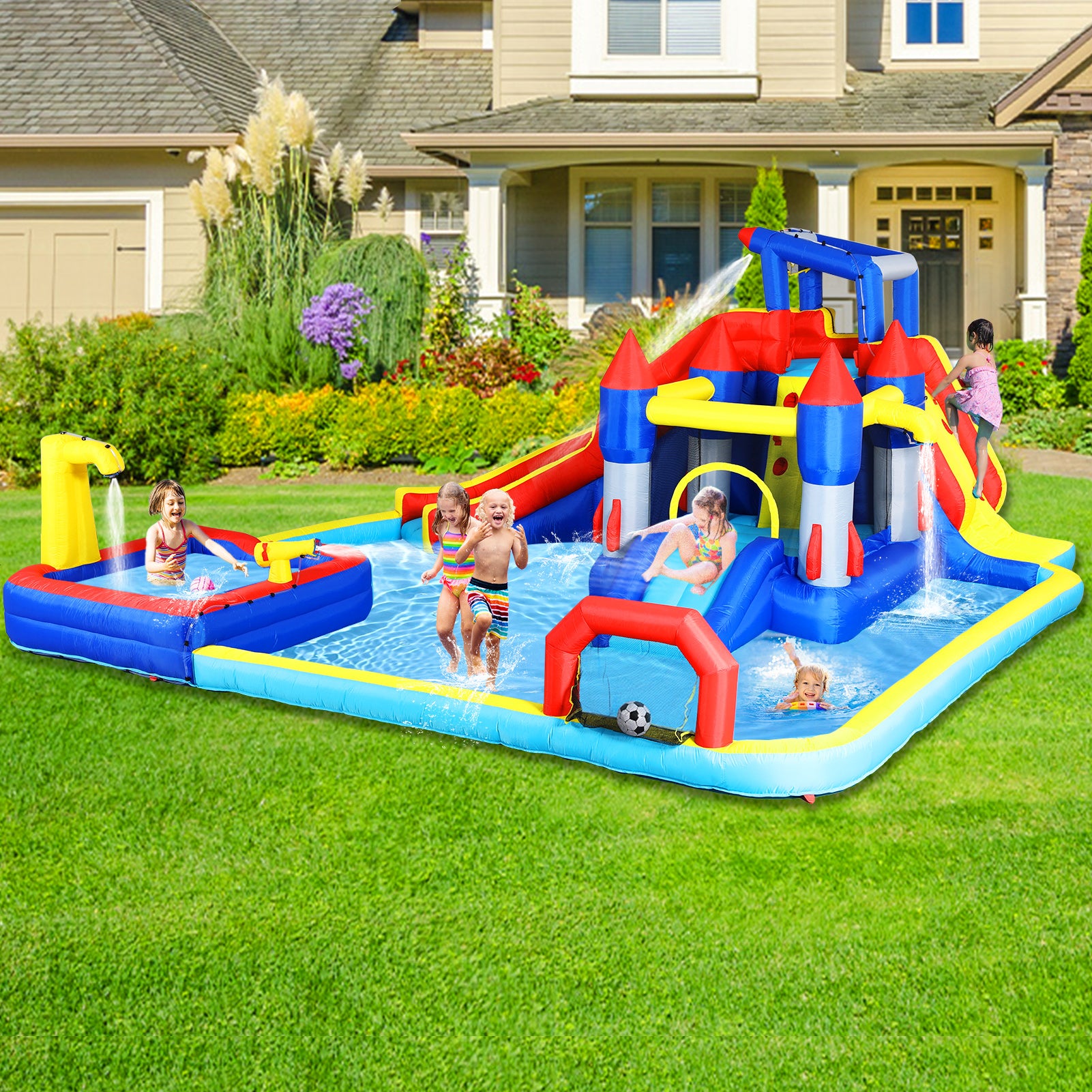 10 In1 Inflatable Slide Water Park Bouncing House Garden With Splash Pool & Water& Basketball & Climbing Wall & Dual Pools & Soccer Multicolor Oxford Fabric