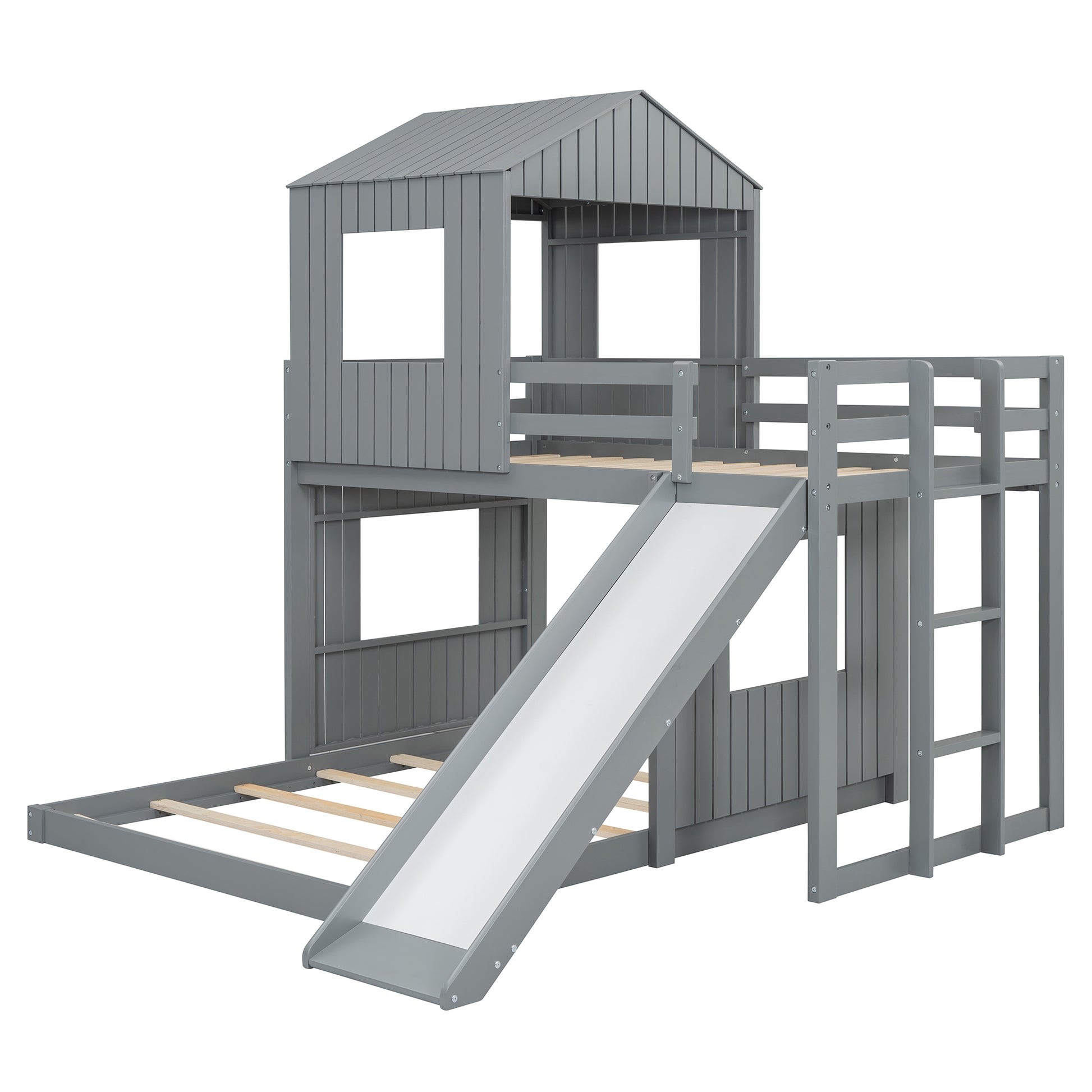 Wooden Twin Over Full Bunk Bed, Loft Bed With Playhouse, Farmhouse, Ladder, Slide And Guardrails, Gray Old Sku :Lt000028Aan Twin Gray Solid Wood