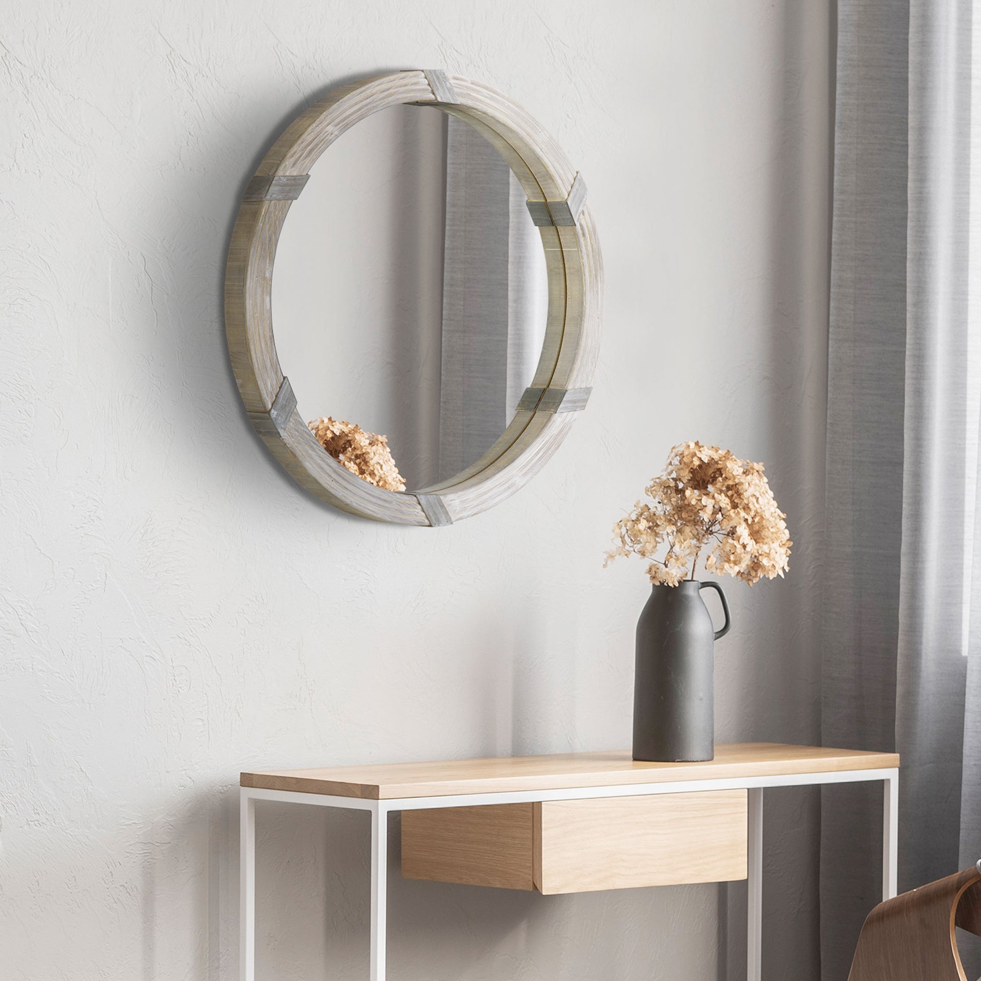 Homcom 30.75" Wood Wall Mirror, Farmhouse Decorative E Round Mirror For Wall Decor In Living Room, Bedroom, Natural Wood Color Natural Wood Mdf