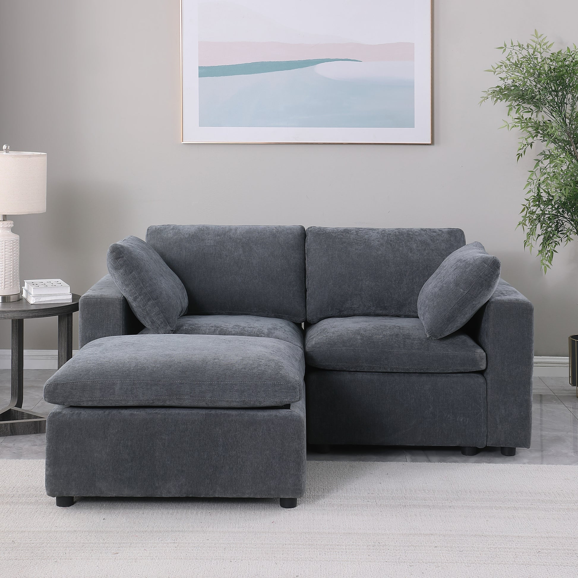 68.5" Loveseat Sofa With Ottoman Modular Sectional Beautiful Seat Couch Small L Shaped Upholstered Couch For Living Room Apartment Small Space, Chenille Grey Grey Fabric 3 Seat