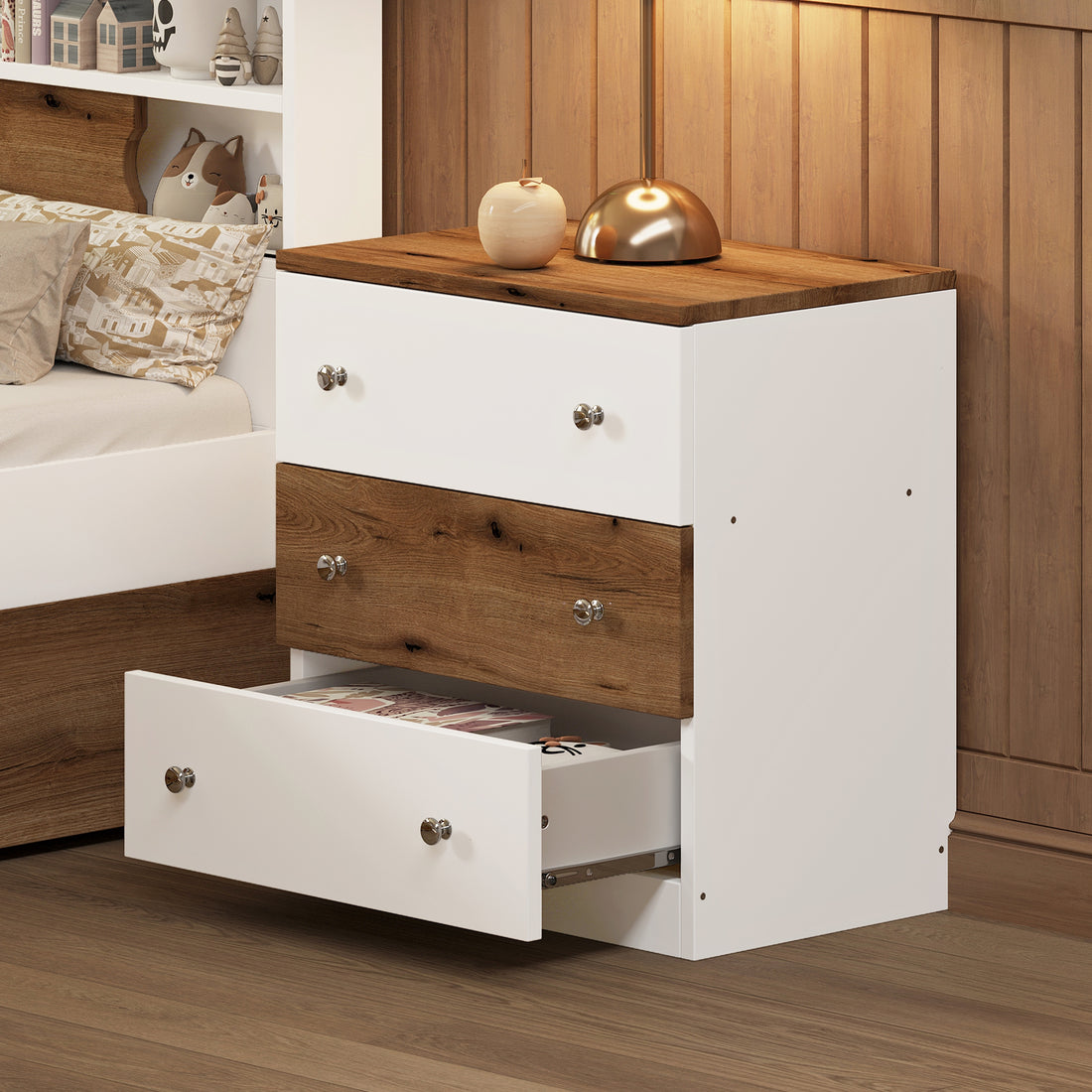 3 Drawer Wooden Nightstand With Colorblock Design And Plastic Handle, Wood Side Table With Storage Cabinet For Bedroom, White Brown Brown White Wood