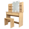 Vanity Desk Set Stool & Dressing Table With Led Lighting Mirror Drawer And Compartments Modern Wood Cosmetic Table Chest Of Drawers Nature Color Natural Wood Particle Board