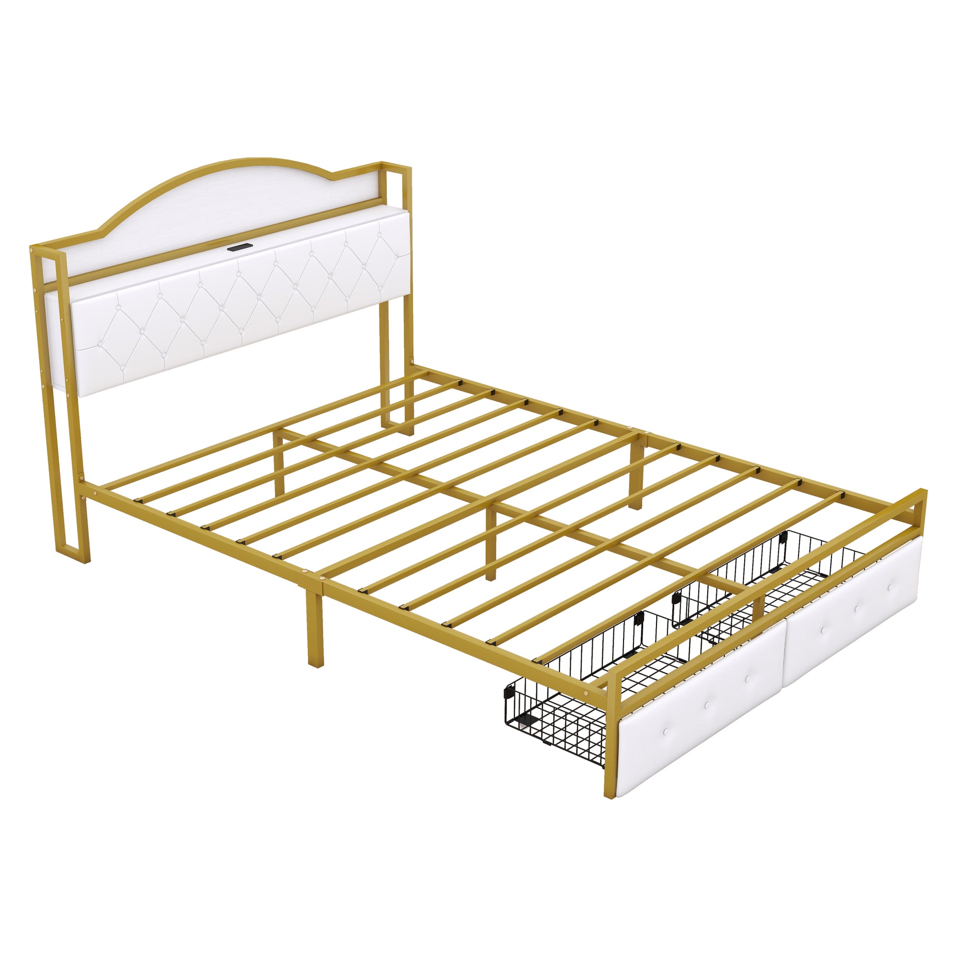 Metal Platform Bed With 2 Drawers, Storage Headboard, Queen, Gold Queen Gold White Fabric Metal