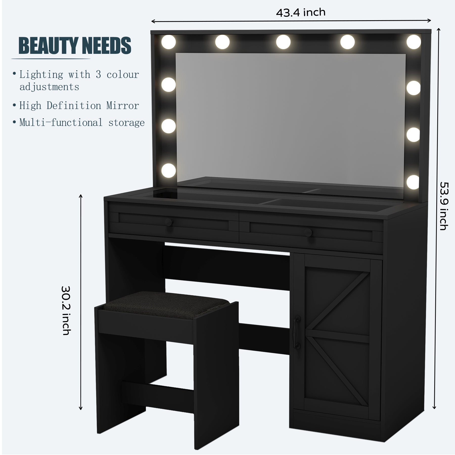 43.4"Makeup Vanity Table, Makeup Table With Large Mirror And 11 Led Lightbrightness Adjustable, Dressing Table Desk With 3 Drawers, Vanity Desk For Women Black With Stool Black Particle Board