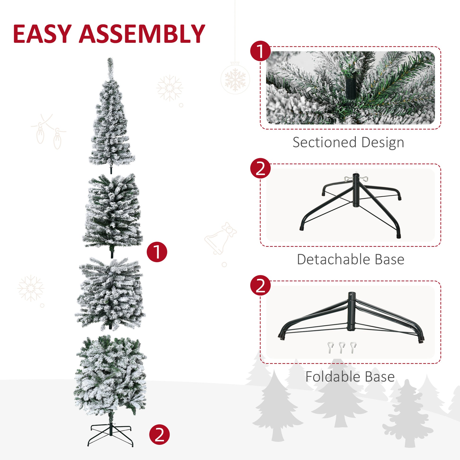 Homcom 9' Tall Unlit Snow Flocked Slim Artificial Christmas Tree With Realistic Branches And 1014 Tips Green Pvc