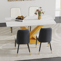 Table And Chair Set.The Table Is Equipped With A Marble Patterned Mdf Tabletop And Gold Table Legs.Paired With 4 White And Dark Gray Spliced Dining Chairs With Pu Cushions And Black Metal Legs. Dark