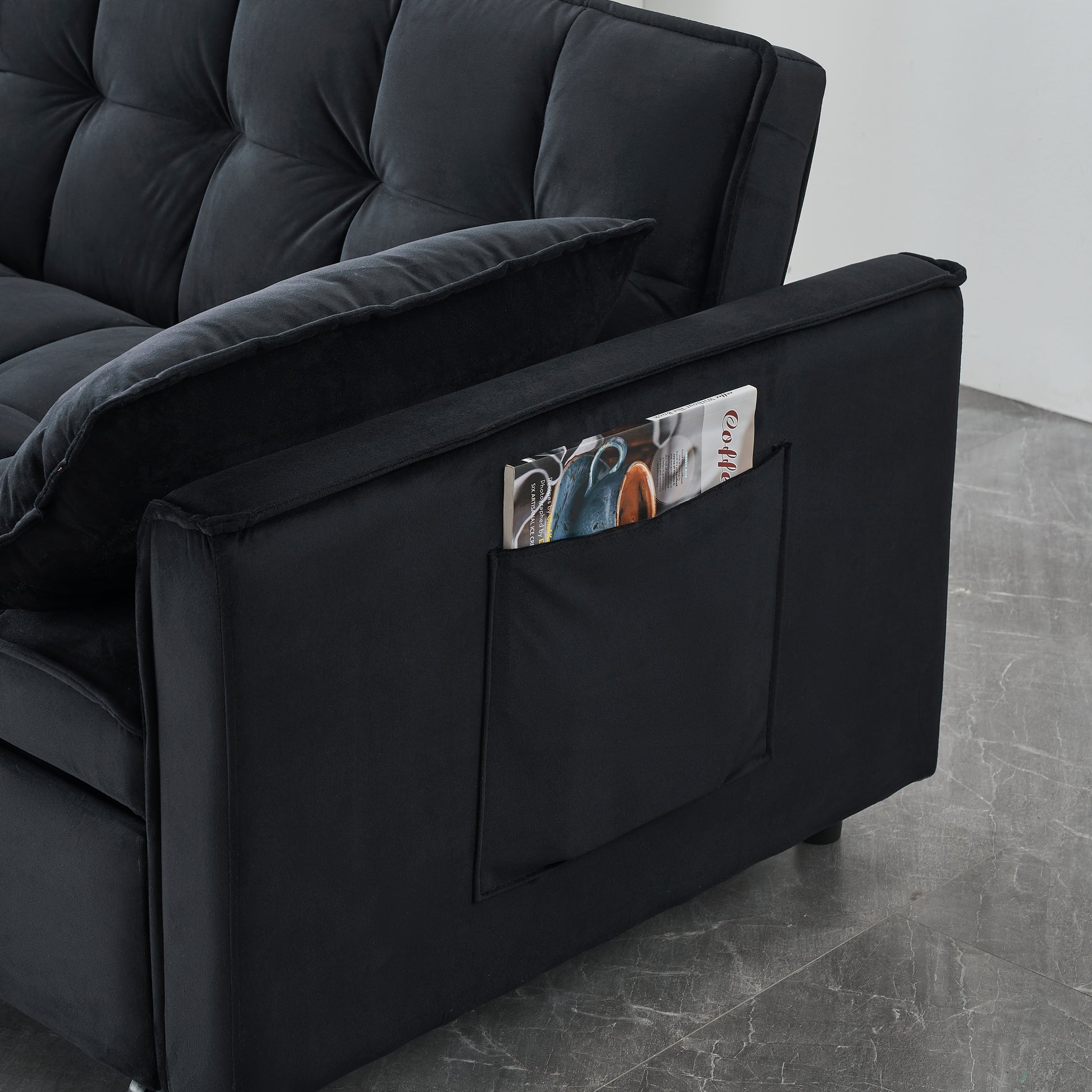55 Inches Black Modern Velvet Sofa, Seating Sofa With Backrest, Soft And Comfortable Living Room Furniture, 3 In 1 Convertible Sofa Bed For Living Room Bedroom Black Velvet 2 Seat