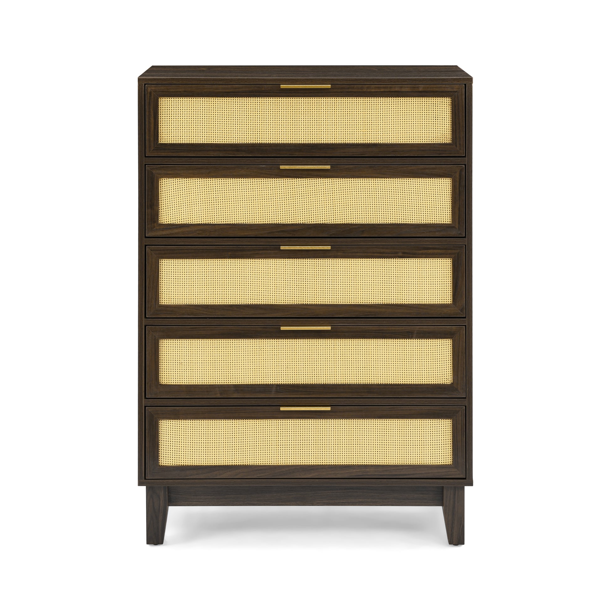 Bedroom 5 Drawer Dresser, Rattan Dresser Modern Wooden Chest Of Drawers With Spacious Storage Space For Bedroom Hallway Living Room Walnut Solid Wood Mdf