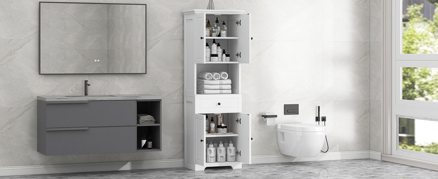 Tall Bathroom Cabinet With Four Doors, Large Storage Space Open Shelve, Upper Storage Cabinet, White White Mdf