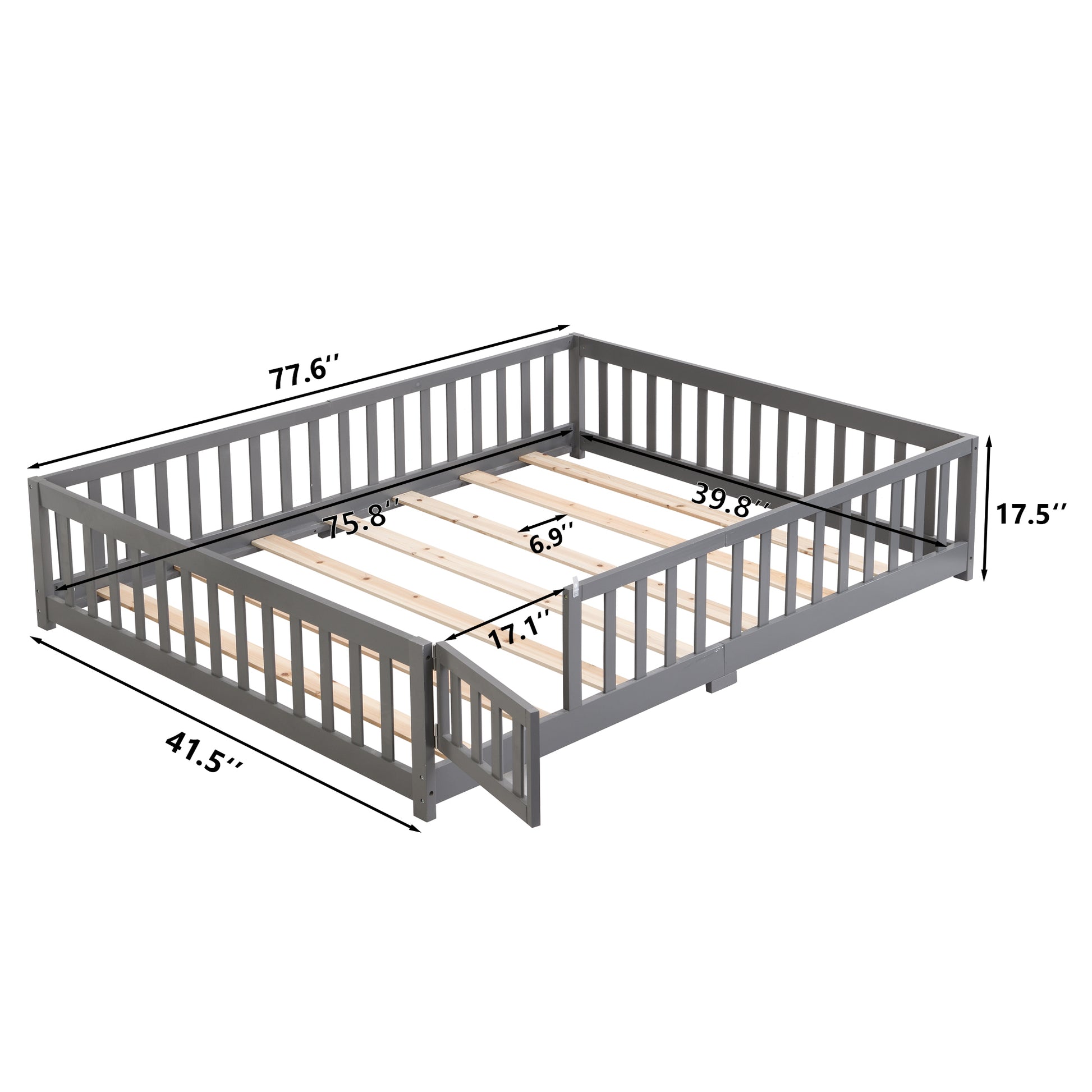 Twin Size Floor Bed With Door,Solid Wood Platform Bed Frame With Fence,Suitable For Children,Pine Wood,Gray Twin Gray Wood