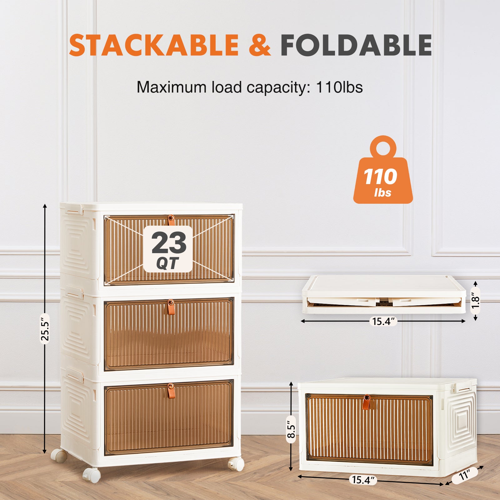 3 Tier Stackable Plastic Storage Bins With Lid 23Qt Foldable Organizers And Storage With Magnetic Doors & Lockable Wheels White Plastic