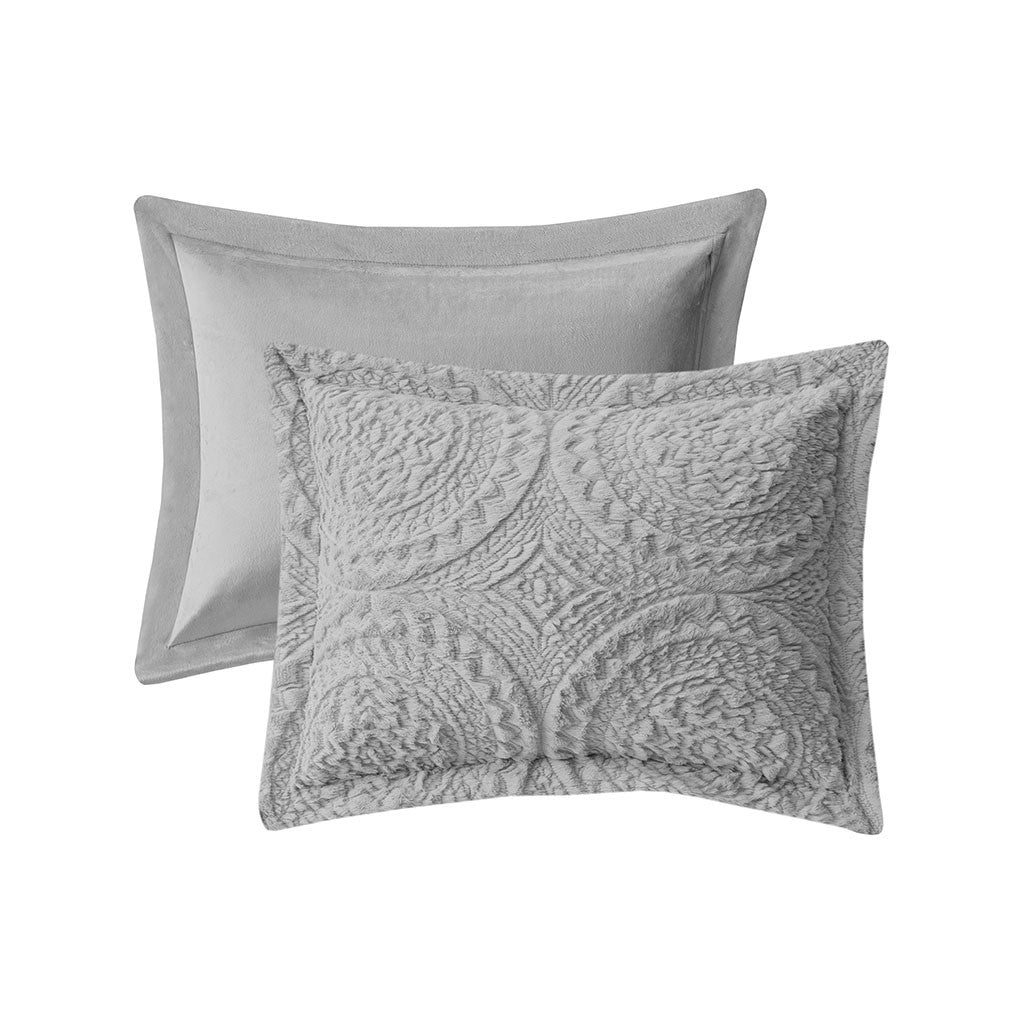Embroidered Medallion Faux Fur Ultra Plush Comforter Mini Set Twin Grey Polyester