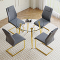 A Modern Minimalist Style Round Transparent Tempered Glass Table With Gold Metal Legs, Paired With 4 Modern Pu Leather High Back Dining Chairs,Bringing You A Luxurious Experience. Gray Seats 4 Glass Metal