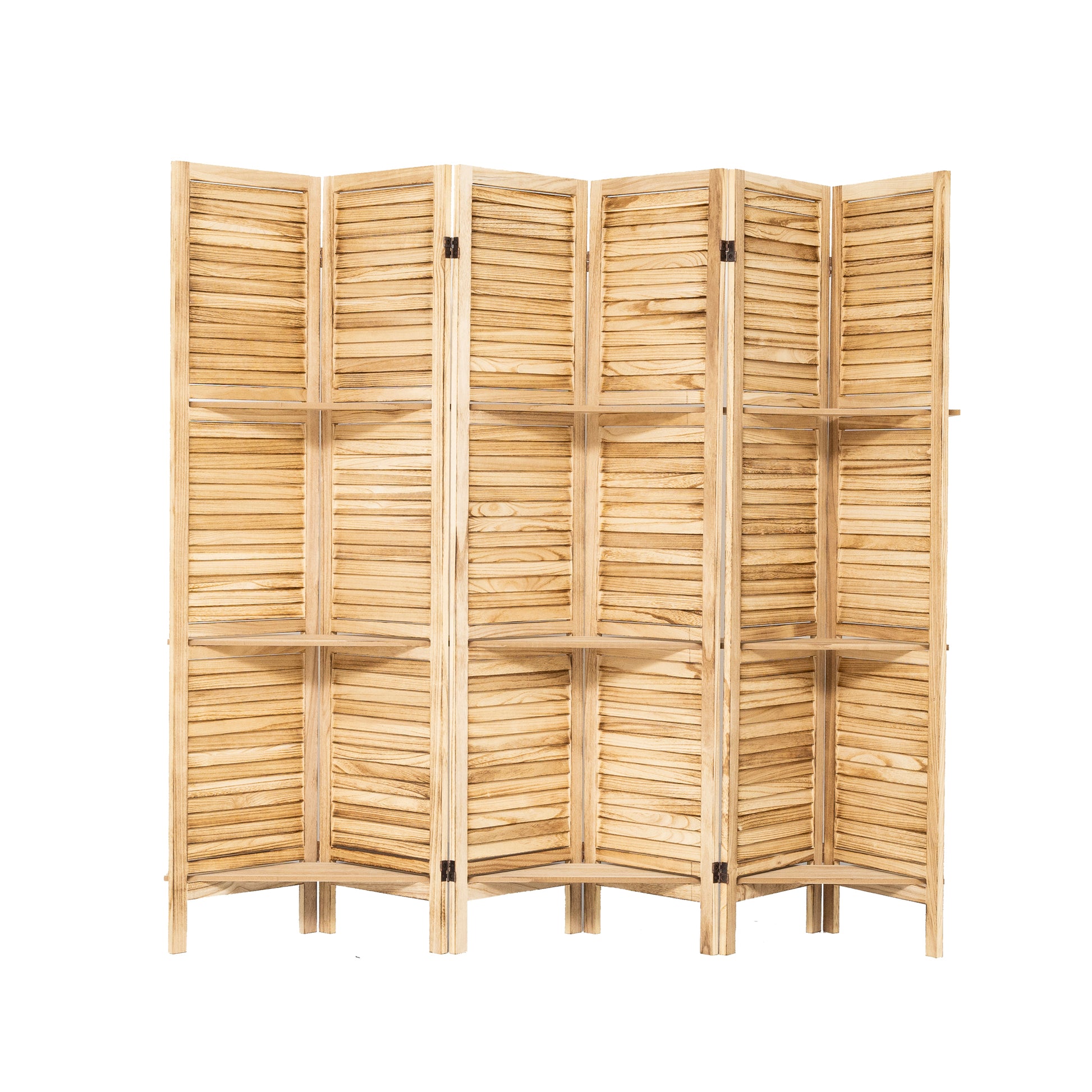 Room Divider 6 Panel, Wood Folding Room Divider Screen, Room Divider With Shelves And Easy Move Partition, Freestanding Room Screen Divider With Display Shelves Natural Color Natural Wood Rustic Wood