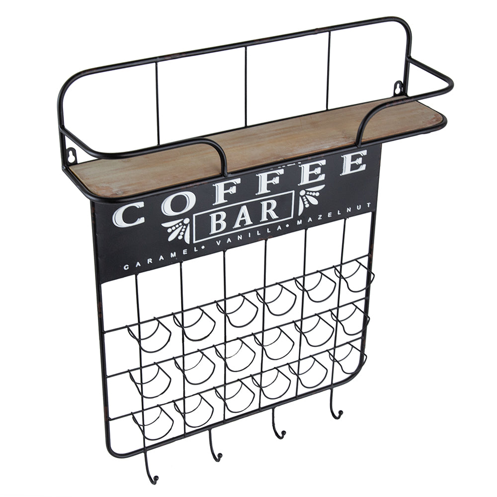 22.8X5.5X28.7" Black Floating Coffee Bar Shelf With Coffee Pod Holder, Hooks And Storage Shelf Black Iron