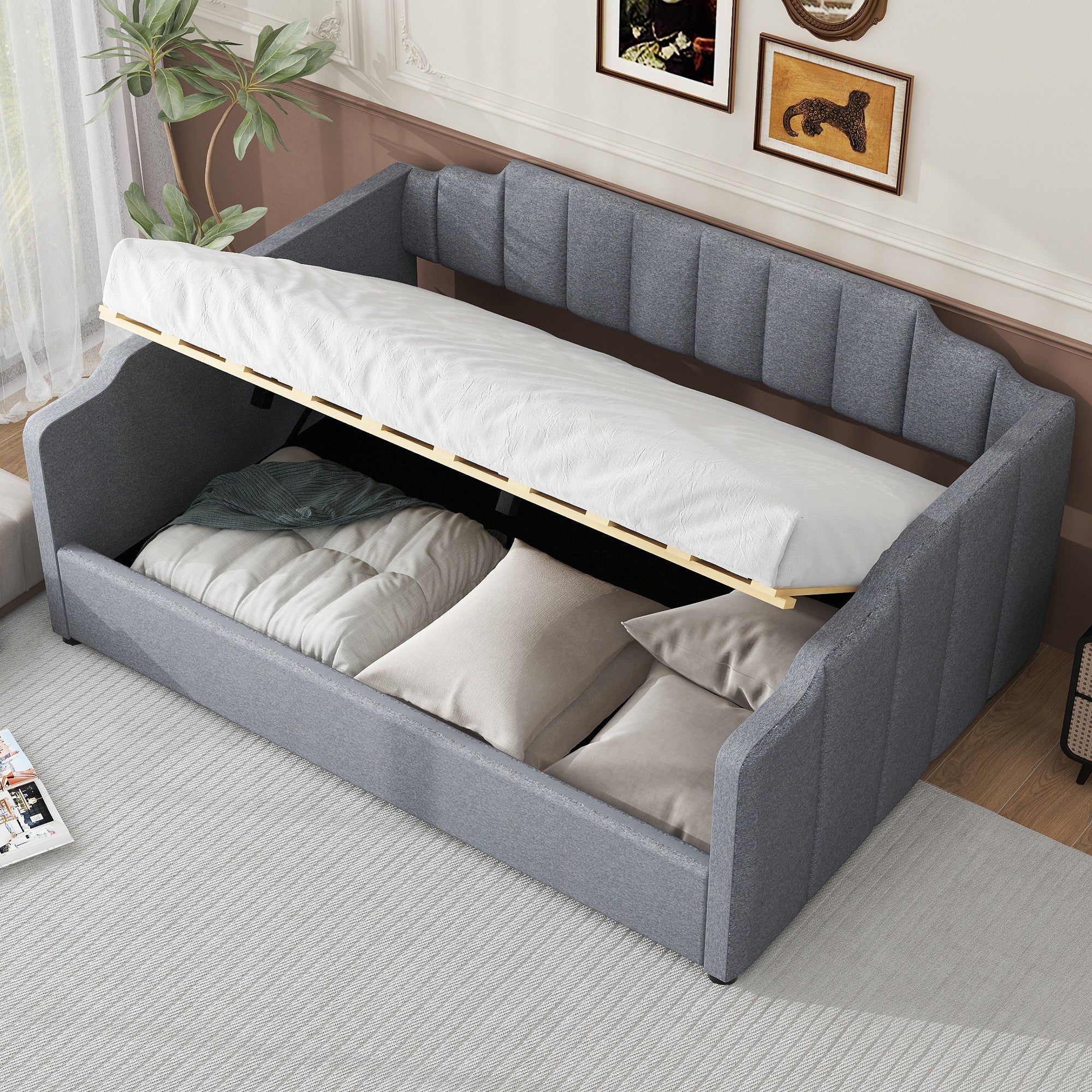 Upholstered Daybed With Underneath Storage,Full Size, Gray Full Gray Upholstered