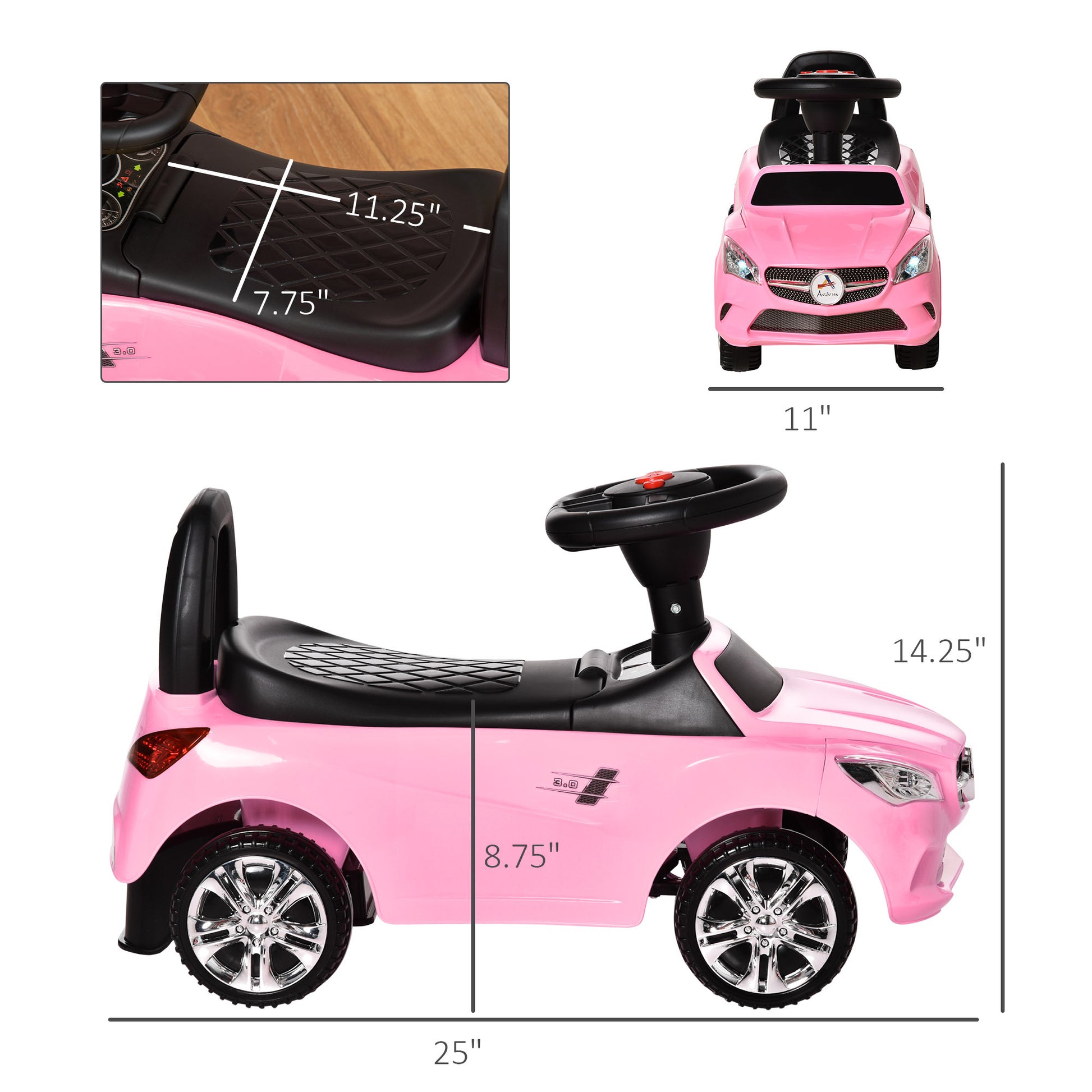 Aosom Kids Ride On Push Car, Foot To Floor Walking Sliding Toy Car For Toddler With Working Horn, Music, Headlights And Storage, Pink Pink Metal