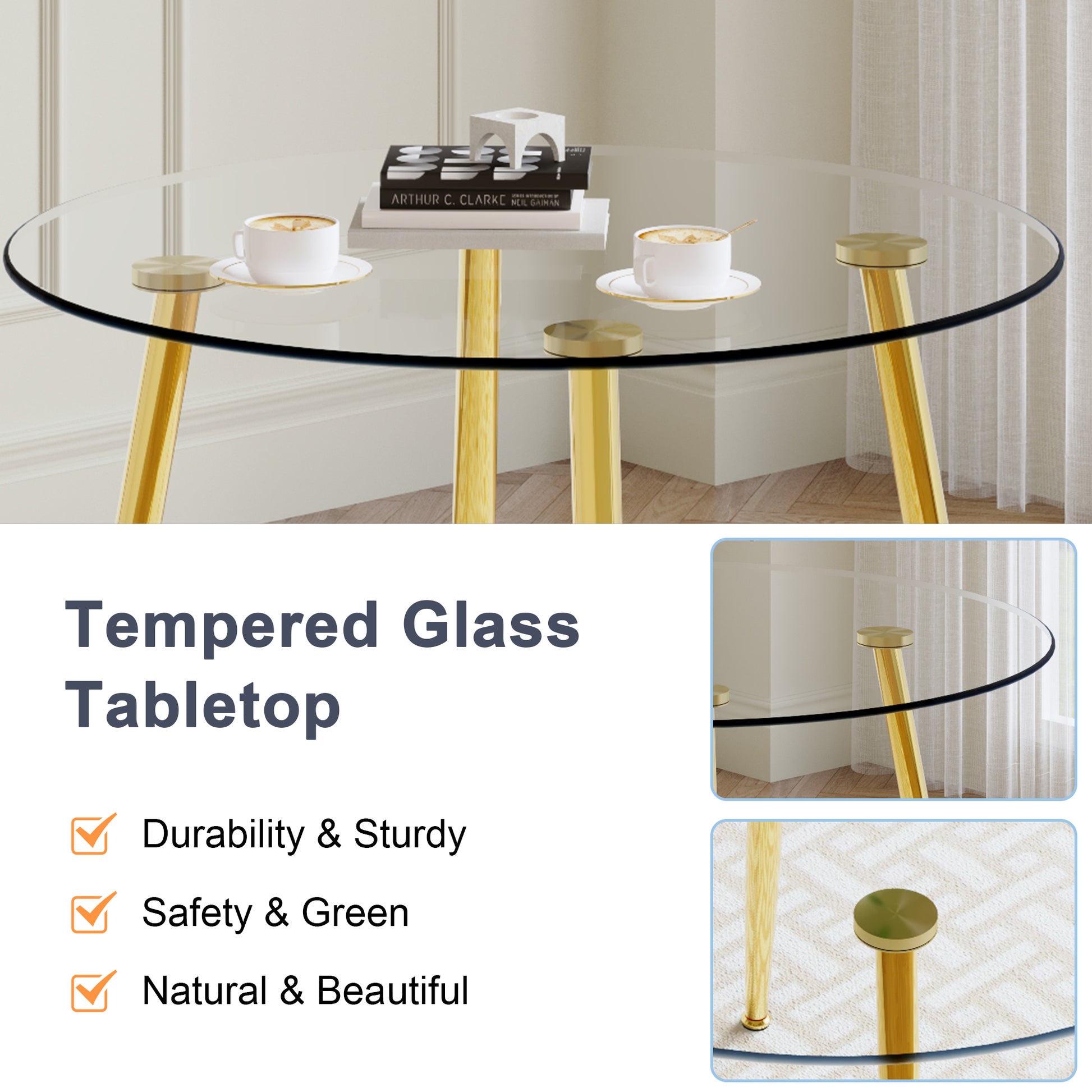 A Modern Minimalist Style Round Transparent Tempered Glass Table With Gold Metal Legs, Paired With 4 Modern Pu Leather High Back Dining Chairs,Bringing You A Luxurious Experience. Gray Seats 4 Glass Metal