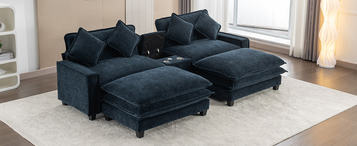 112.6" Sectional Sofa Chenille Upholstered Sofa With Two Removable Ottoman, Two Usb Ports, Two Cup Holders And Large Storage Box For Living Room, Blue Blue Foam Chenille 2 Seat