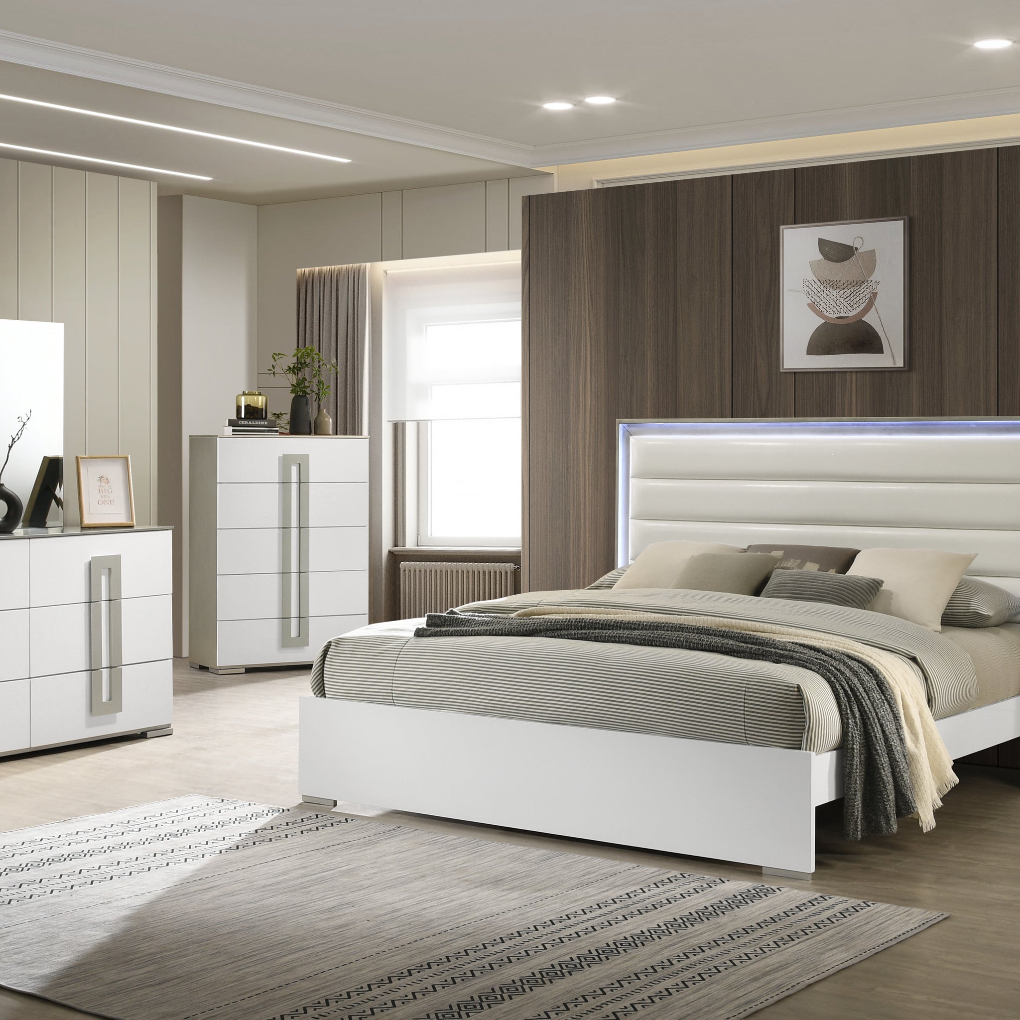 Olivia Contemporary Style 5 Pc Full Bedroom Set With Led Headboard Made With Wood In White Box Spring Required Full White Wood 5 Piece Set Bedroom Bed Included,Chest Included,Dresser Included,Mirror