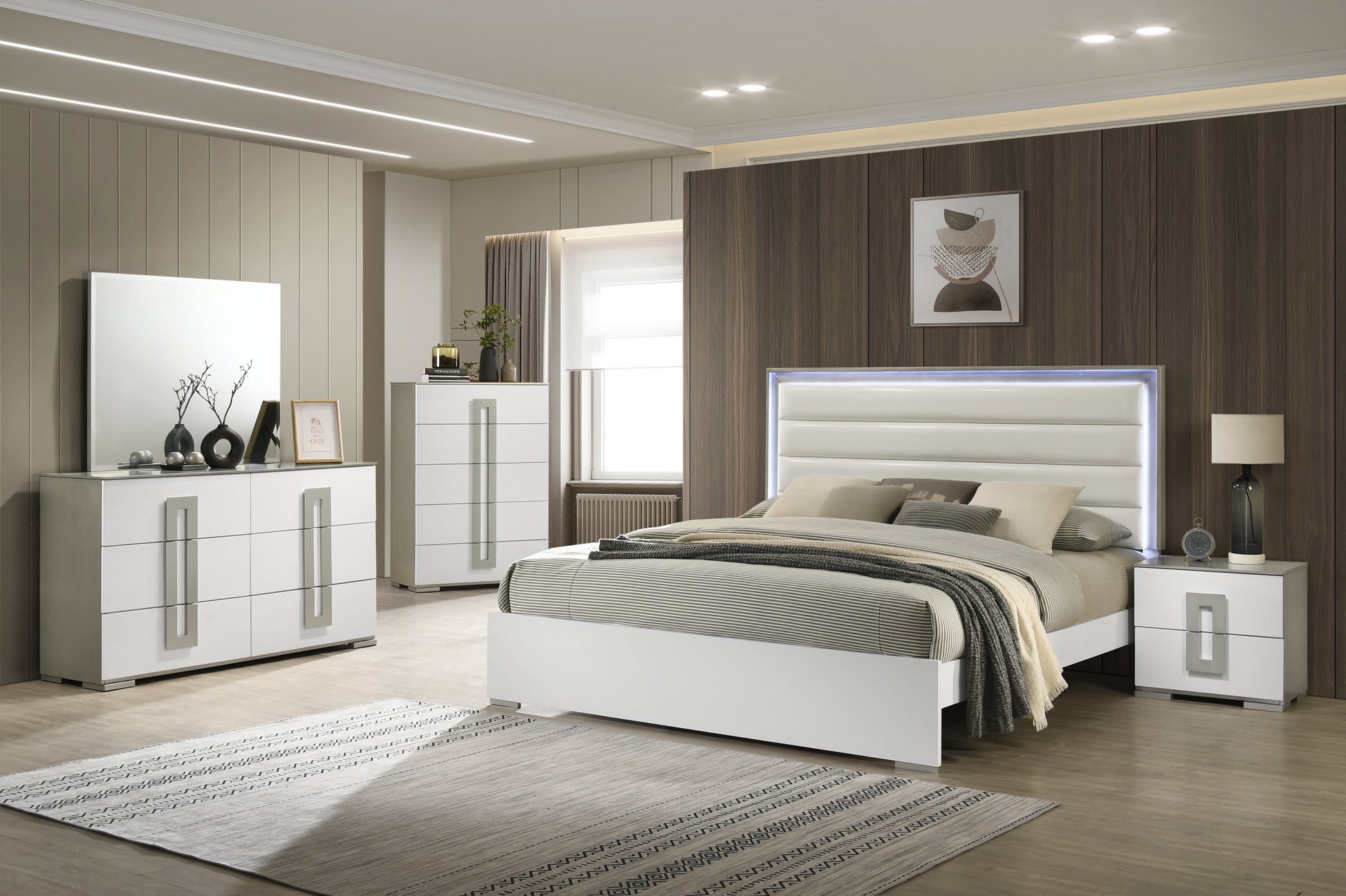 Olivia Contemporary Style 5 Pc Full Bedroom Set With Led Headboard Made With Wood In White Box Spring Required Full White Wood 5 Piece Set Bedroom Bed Included,Chest Included,Dresser Included,Mirror