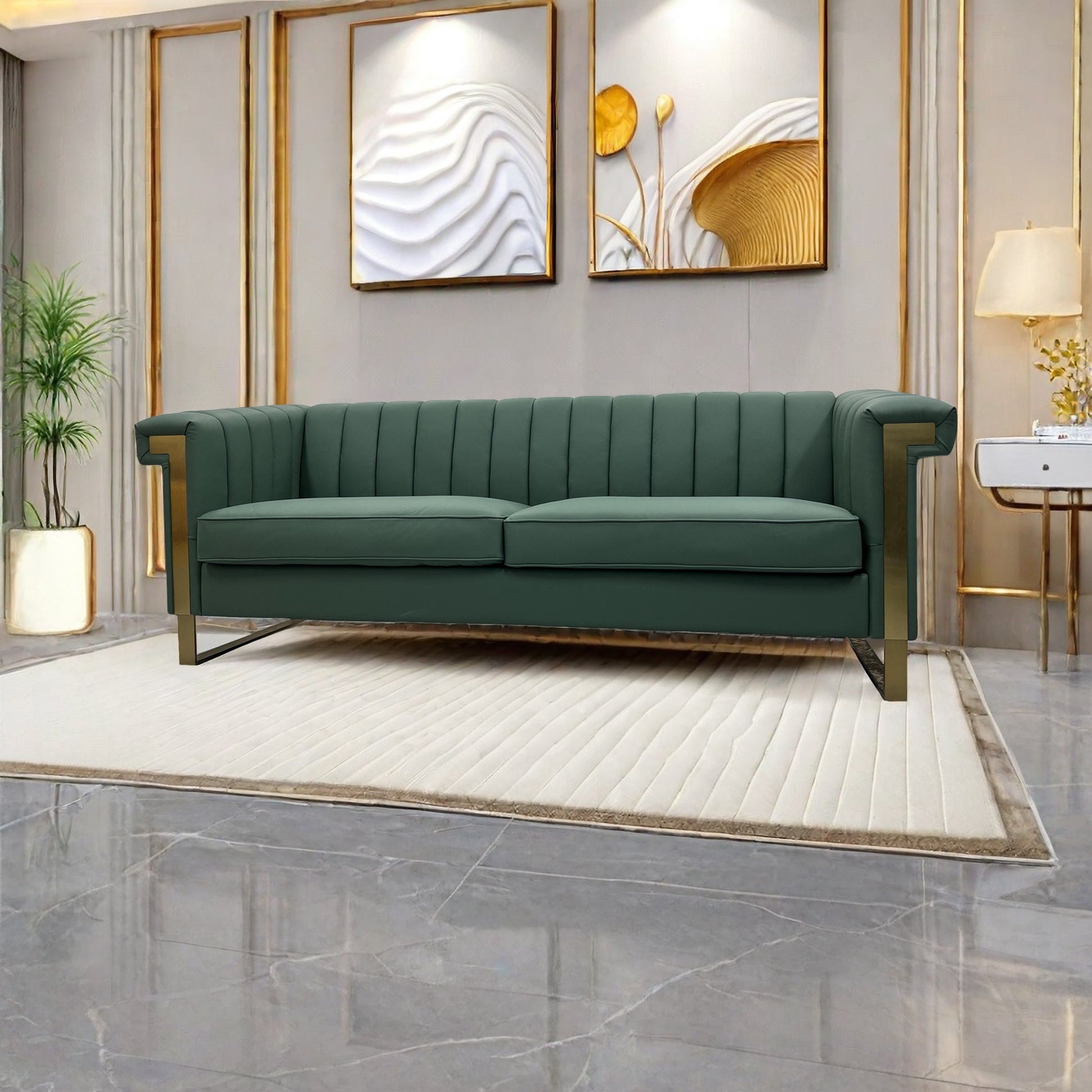 Fx P81Pu Gr Sofa Modern Green Pu Sofa With Gold Accents Sleek Channel Tufted Upholstery, 3 Seat Couch For Living Room And Office Decor Temu Suitable Retro Green Pu 2 Seat