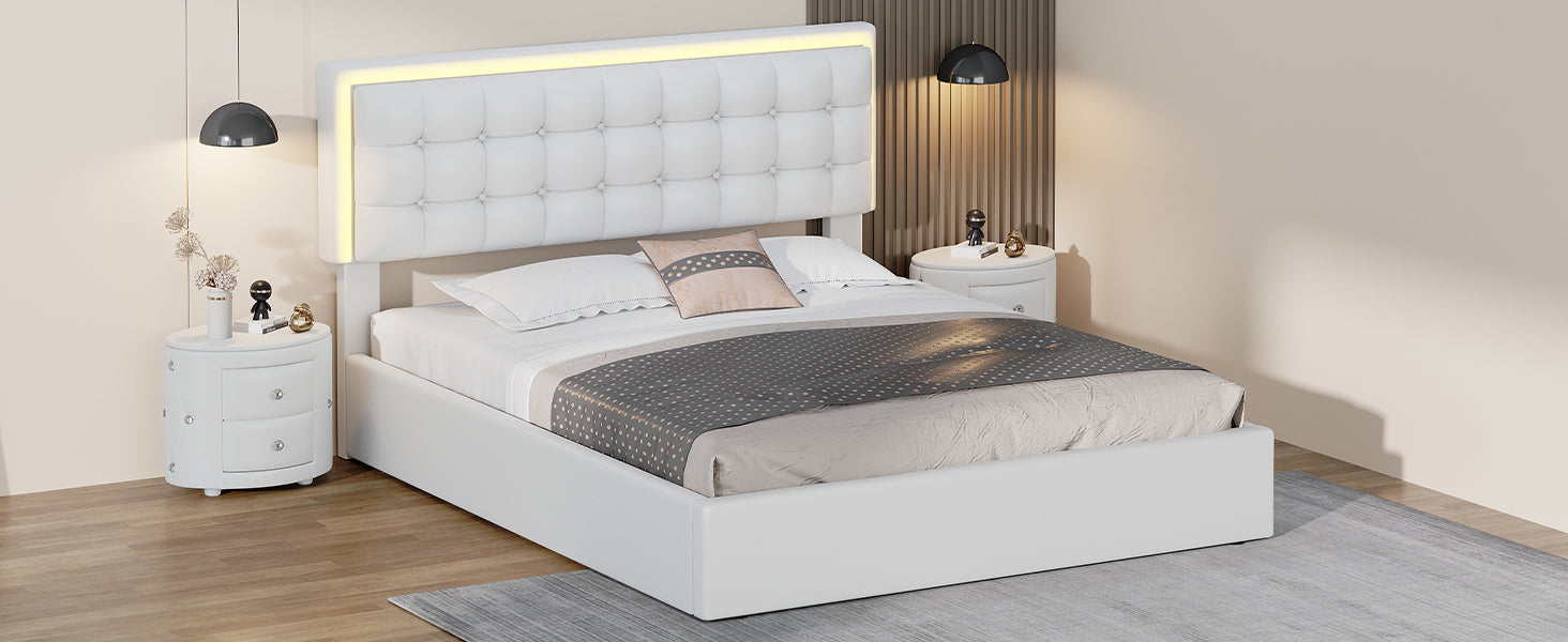 3 Pieces Bedroom Sets,Queen Size Upholstered Bed With Led Lights,Hydraulic Storage System, Two Nightstands With Crystal Decoration,White Queen White 3 Piece Set Wood