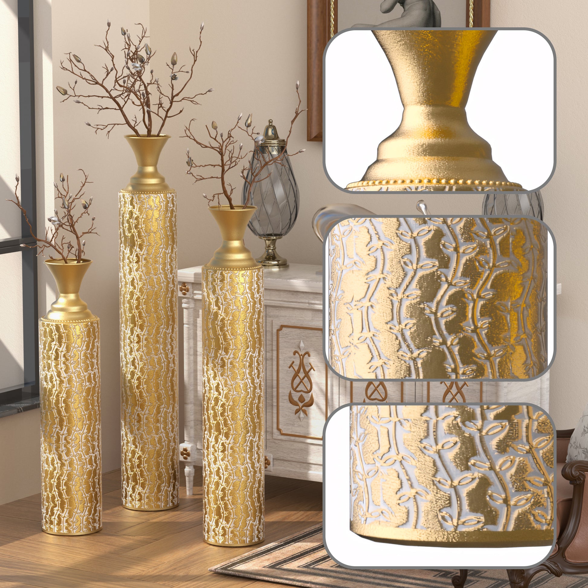 Metal Decorative Vases High Distress Metal Center Vases With Growing Vine Patterns, Set Of 3 Vases For Home Decoration 34 ", 29 ", 25 "H, Gold Antique Gold American Design,American Traditional,Antique,Art Deco Metal