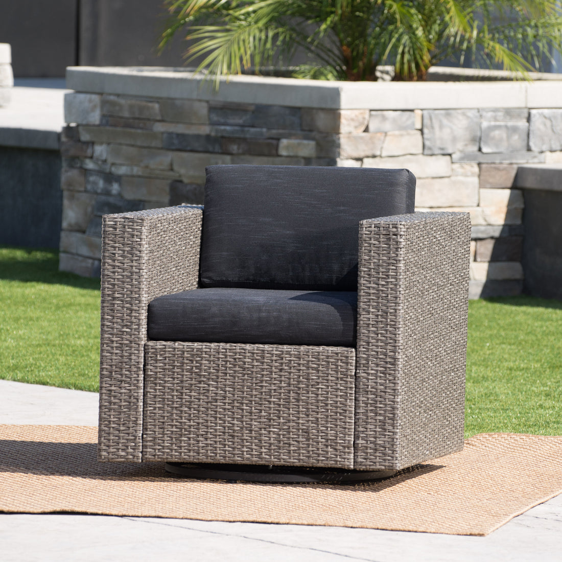 Puerta Mp1 Swivel Patio Chair With Cushions Single, Mix Black Dark Grey Black Gray Fabric,Iron,Wicker