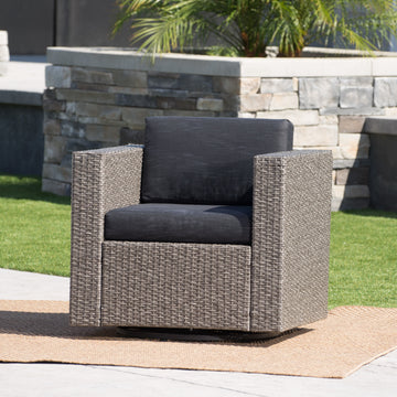 Puerta Mp1 Swivel Patio Chair With Cushions Single, Mix Black Dark Grey Black Gray Fabric,Iron,Wicker