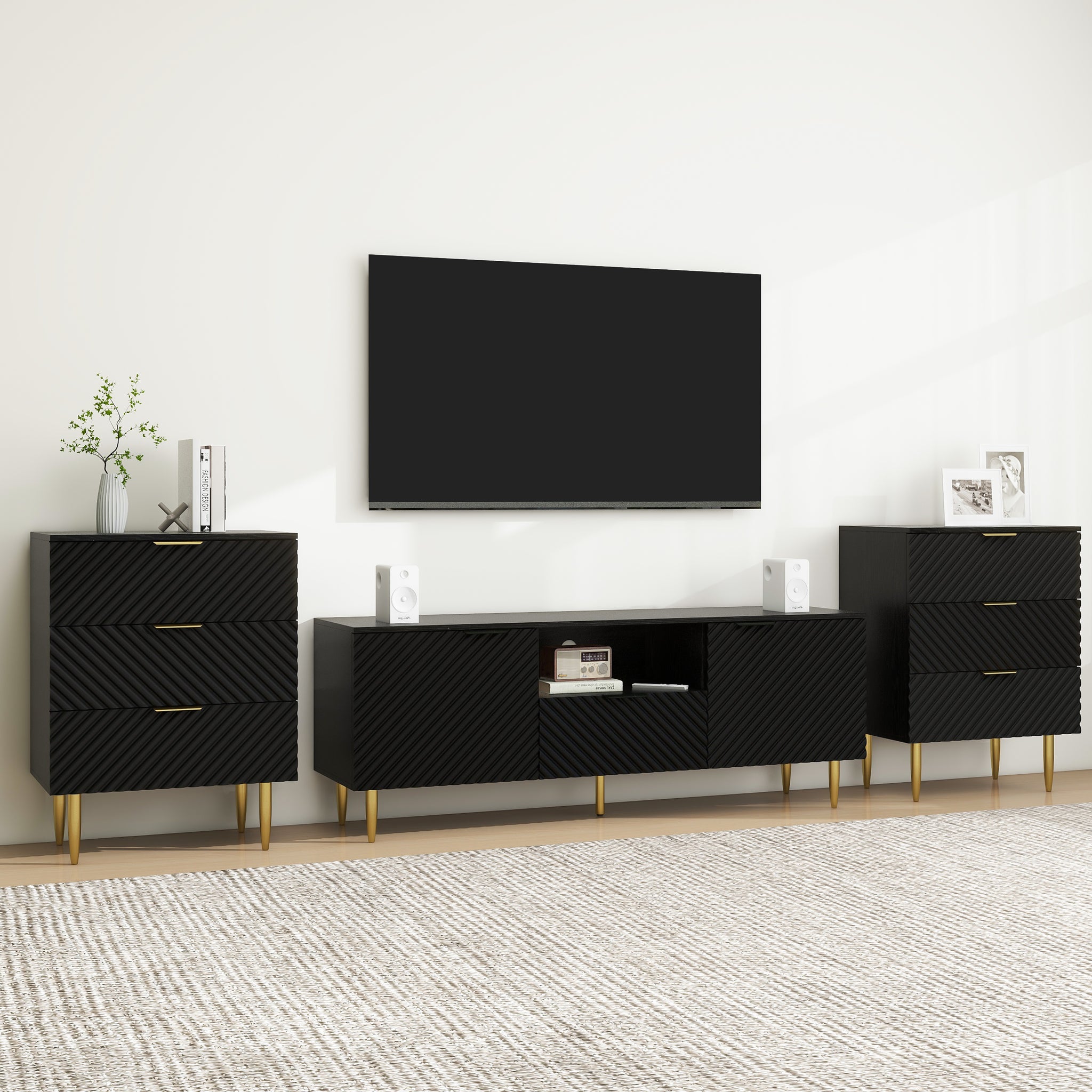 Tv Stand With Solid Ion Feet, Tv Console Table For Living Room, Bedroom Black Particle Board