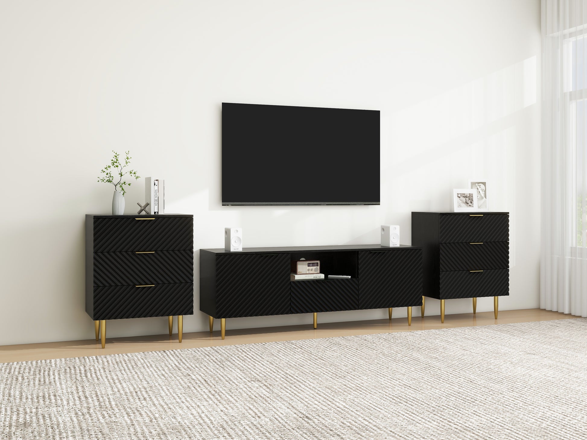 Tv Stand With Solid Ion Feet, Tv Console Table For Living Room, Bedroom Black Particle Board