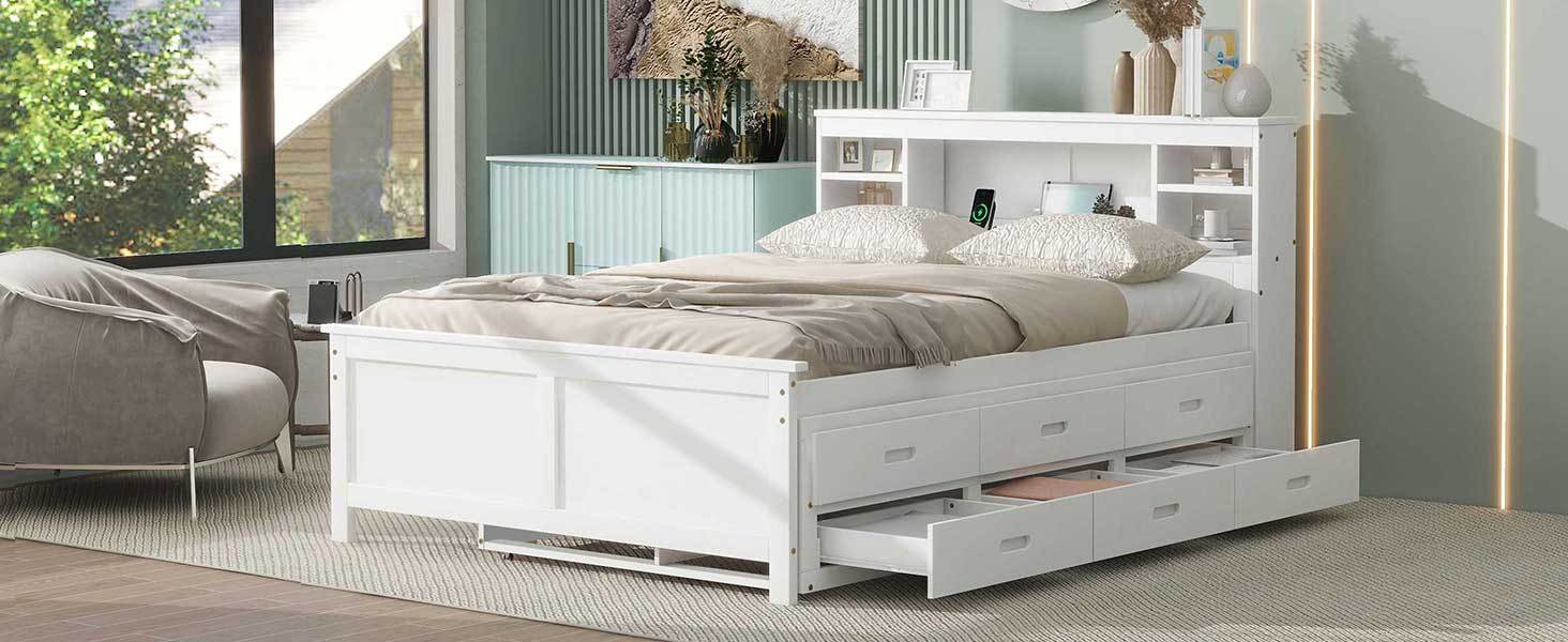 Full Size Platform Bed With Storage Headboard, Usb, Twin Size Trundle And 3 Drawers, White Box Spring Not Required Full White Wood Bedroom Bed Frame Solid Wood Mdf