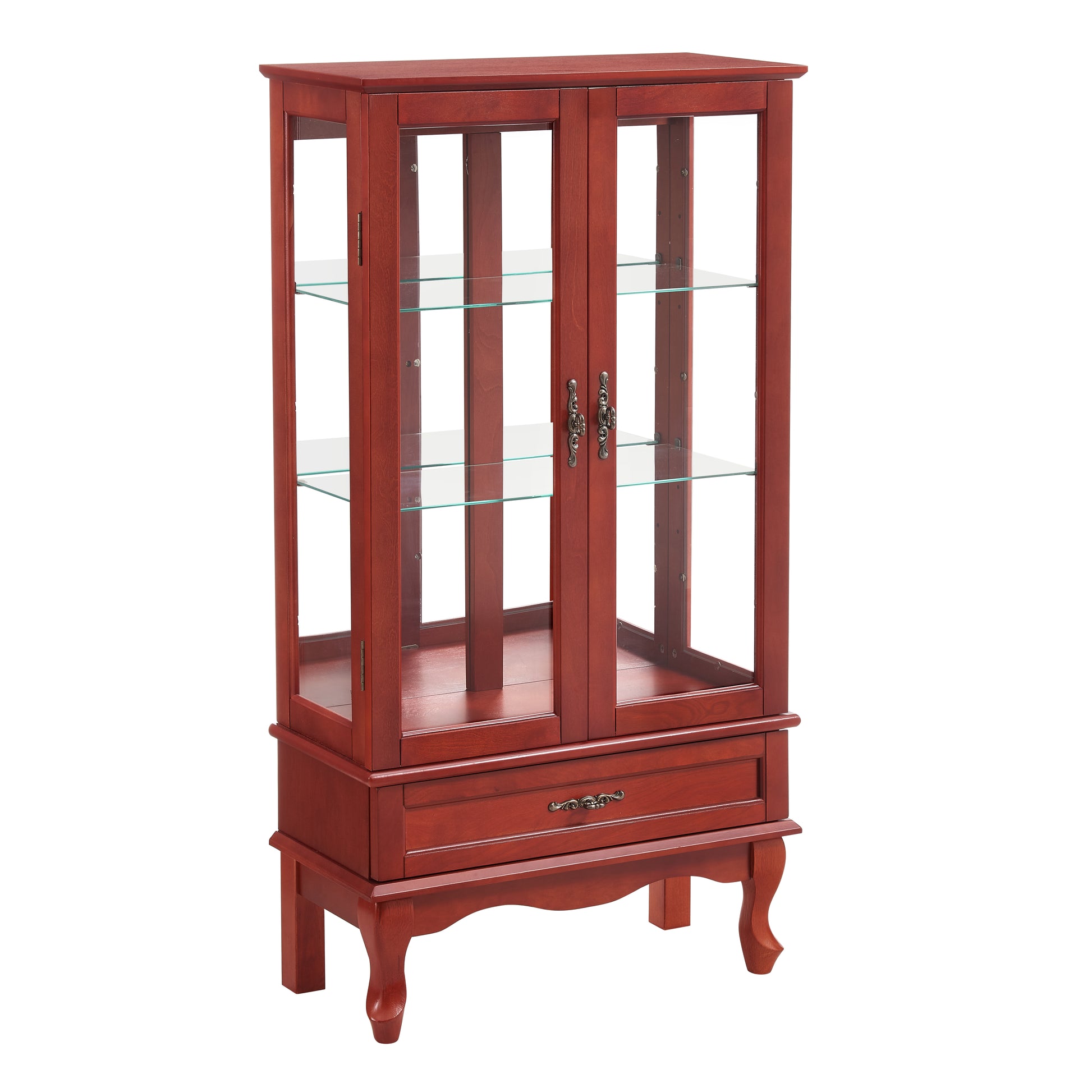 Lighted Glass Cabinet Glass Wine Cabinet Curio Display Cabinet With Adjustable Glass Shelves 2 Doors And 1 Drawer Cabinet Bulb Included Cherry Cherry Mdf Glass