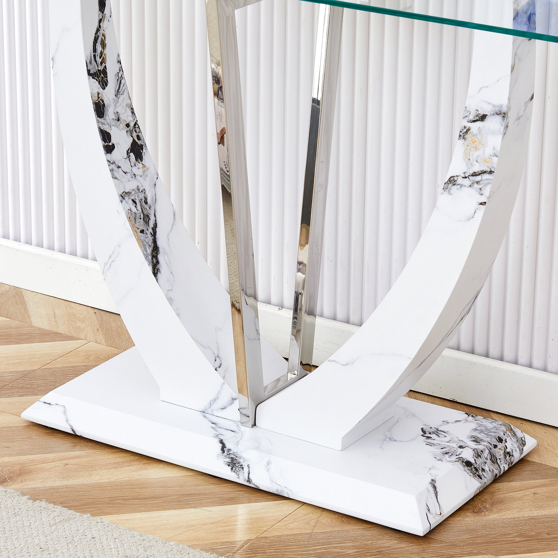 Modern Minimalist Rectangular Glass Table With 0.39 "Tempered Glass Top And Mdf White Patterned Sticker Legs For Entrance And Living Room. Transparent Glass