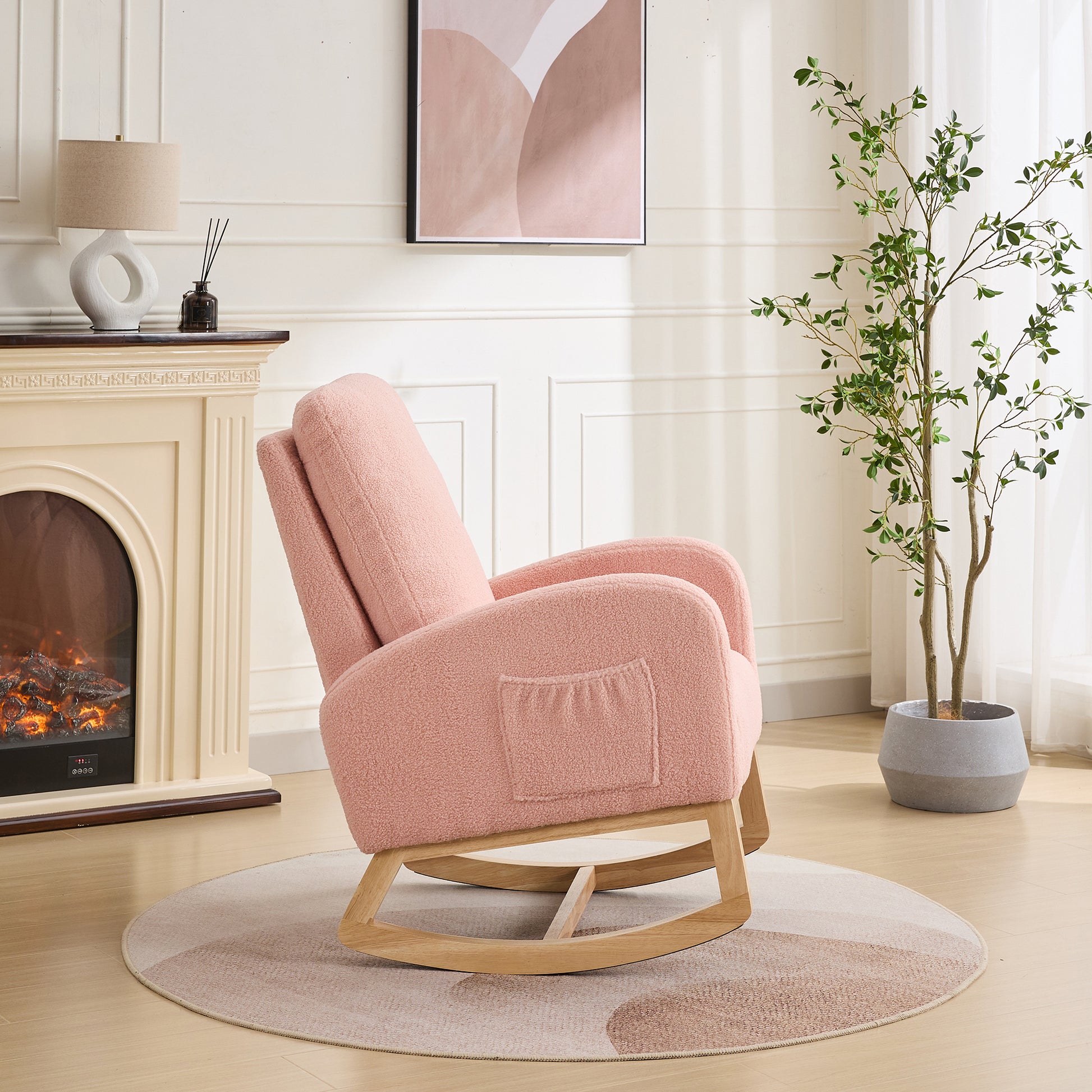 27.2"W Rocking Chair For Nursery, Sherpa Glider Chair With High Back And Side Pocket, Rocking Accent Armchair With Rubber Wood Legs For Living Room Bedroom.Pink Pink Sherpa