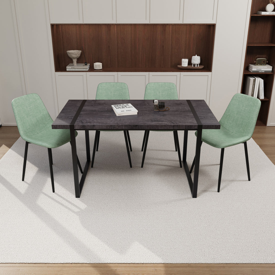 Mdf Black Wooden Dining Table And Modern Dining Chair 4 Piece Set, Medieval Wooden Kitchen Dining Table Set, Rectangular Metal Base, Dining Table And Suede Chair Brown Green Mdf