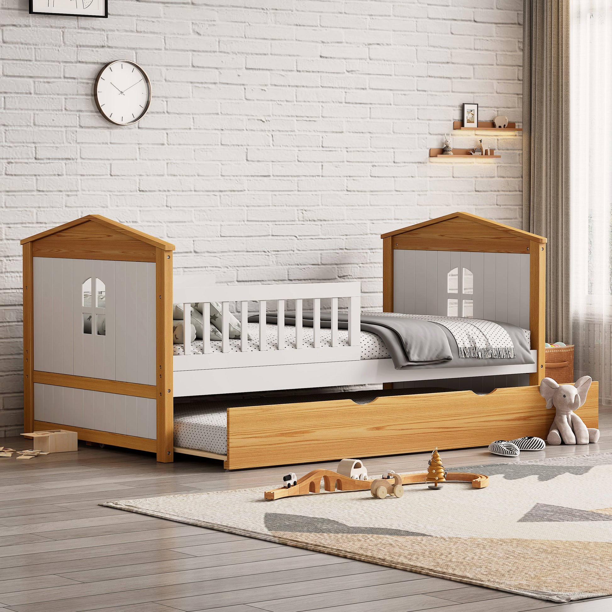 Twin Size House Shape Bed With Trundle Wooden Bed For Girls Boys Teens, No Box Spring Needed, Walnut And White Box Spring Not Required Twin White Walnut Wood Bedroom Cute Pine Bed Frame Wood