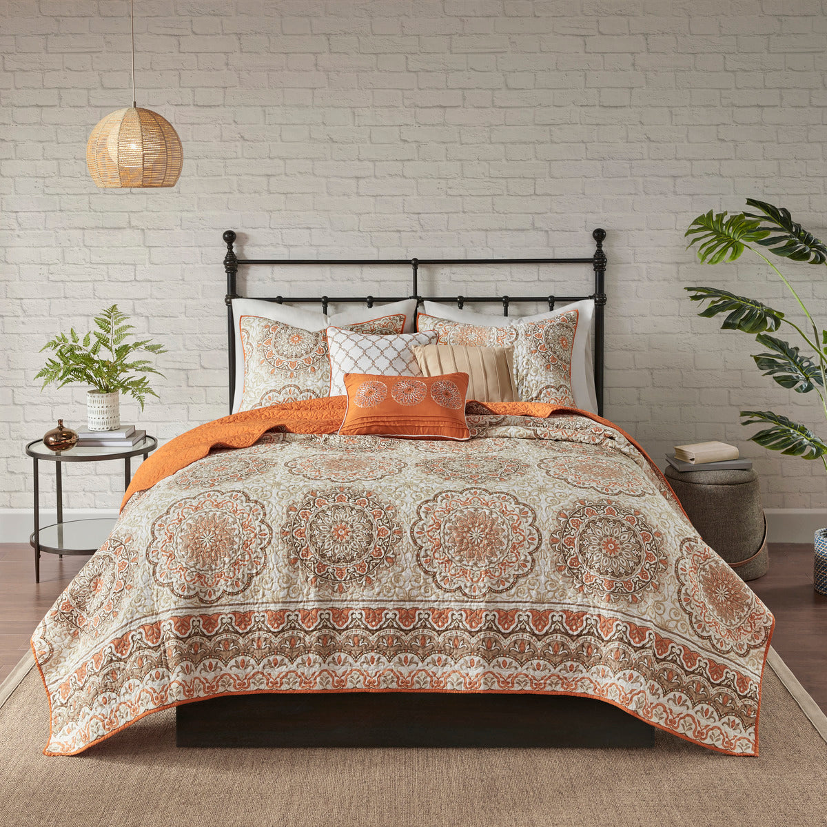 6 Piece Reversible Quilt Set With Throw Pillows Orange Full Queen Orange Cotton