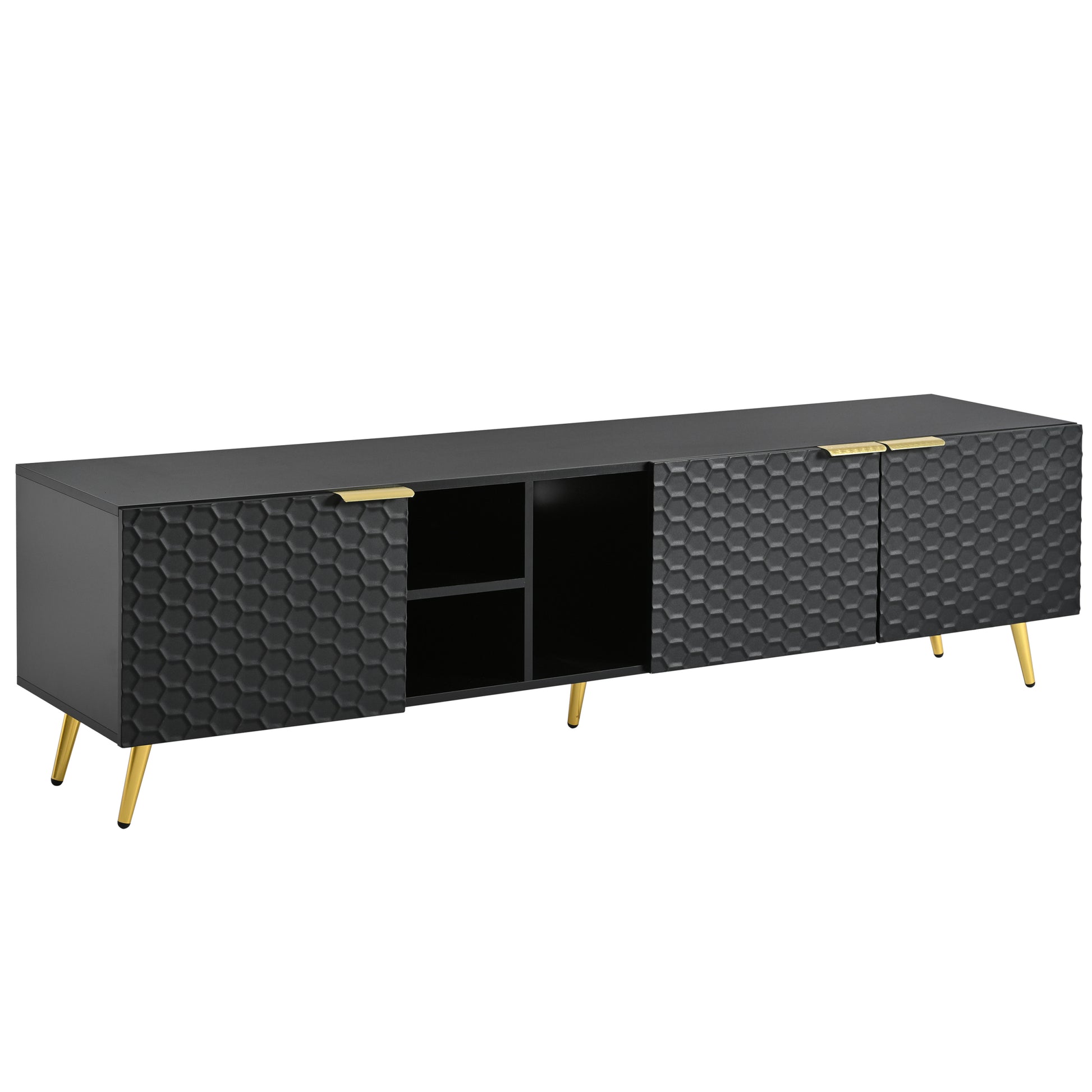 Modern Minimalist Geometric Tv Cabinet With Metal Handles And Gold Legs For Tvs Up To 80'', Multi Functional Tv Stand With Storage Cabinets, Entertainment Center For Living Room, Black Black Gold Primary Living Space 80 89 Inches 80 89 Inches 80 Inches