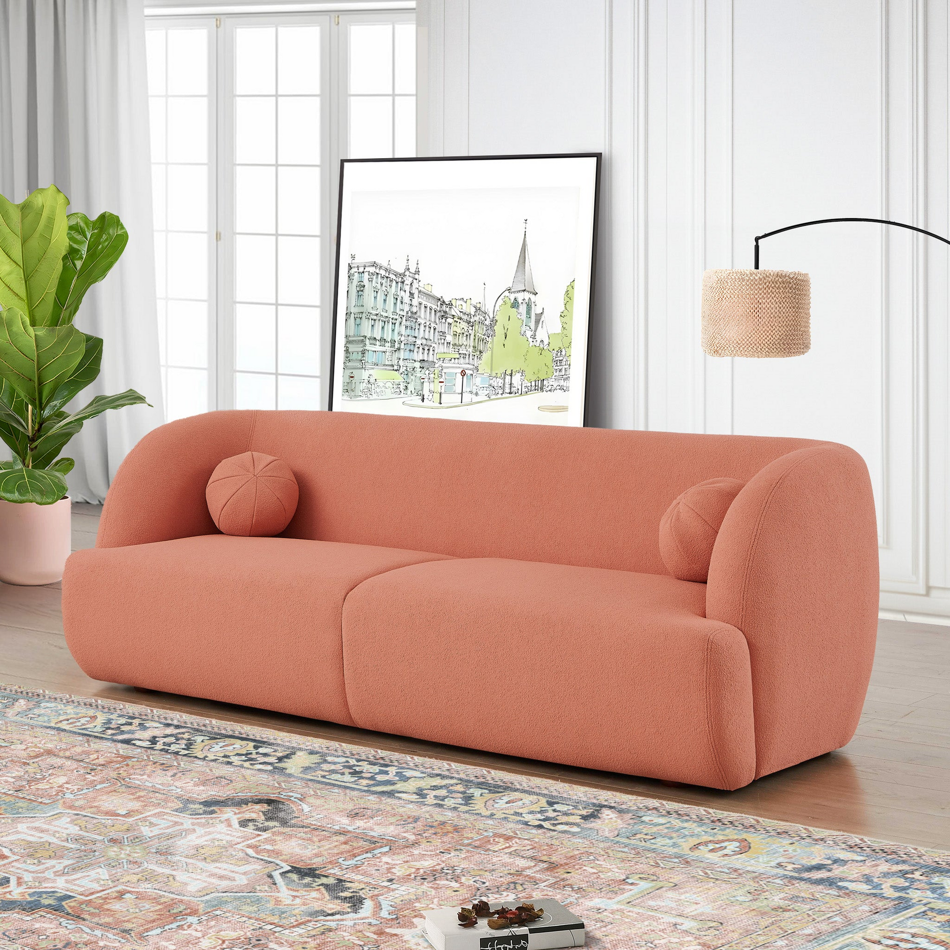 Anna French Boucle Sofa Pink Wood Primary Living Space Foam Boucle,Solid Wood 3 Seat