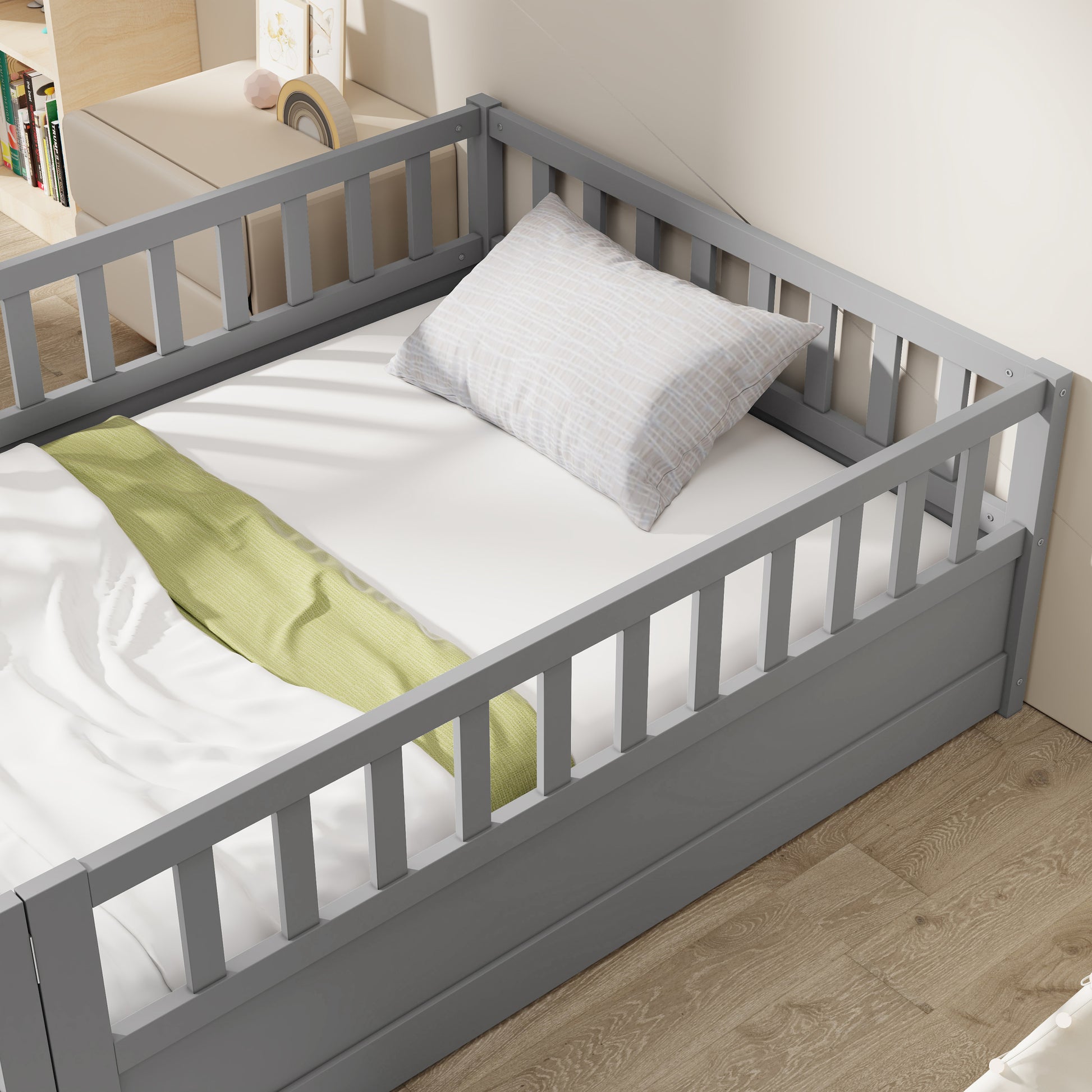 Twin Size Floor Bed, Integral Construction With Super High Security Barrier, Door, Children'S Floor Bed Frame, Montessori Wooden Children'S Floor Bed, Support Slat Grey Box Spring Required Twin Grey Wood Brown Bedroom American Design,Artsy Pine Bed Frame