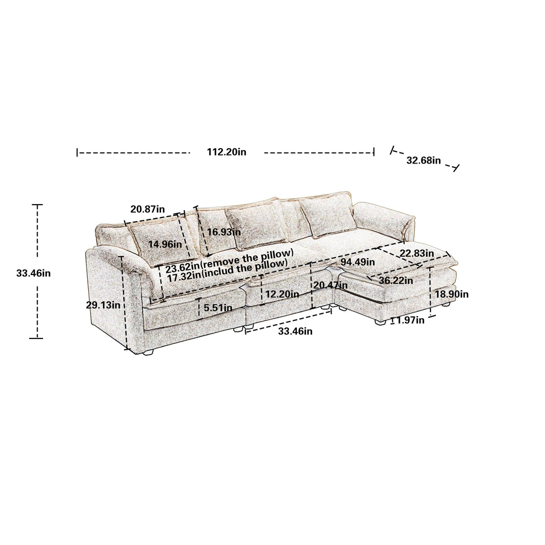 Modern Large Boucle Fabric L Shape Sectional Chenille Fabric, Movable Pedals, Detachable Armrests, Oversized Three Seat Sofa Black Chenille 3 Seat