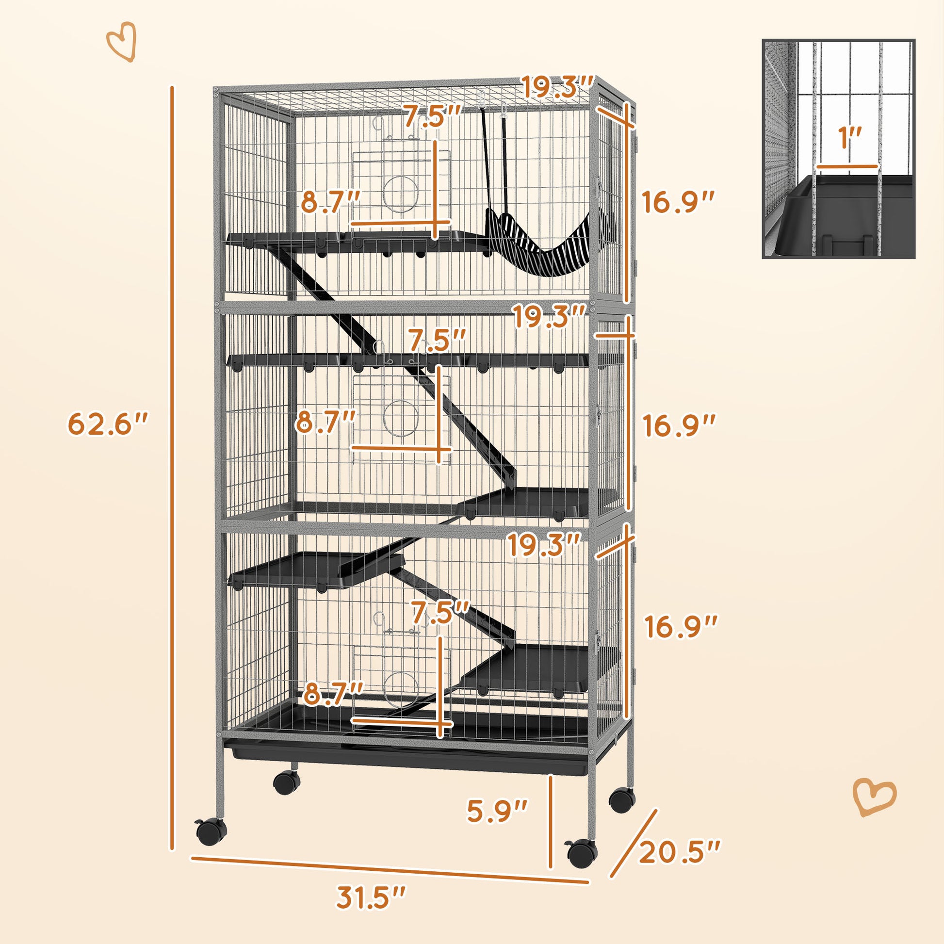 Pawhut 63" 6 Tier Small Animal Cage, Ferret Cage, Large Chinchilla Cage With Hammock Accessory & Heavy Duty Steel Wire, Small Animal Habitat With 6 Doors, Removable Tray, Gray Gray Iron Plastic