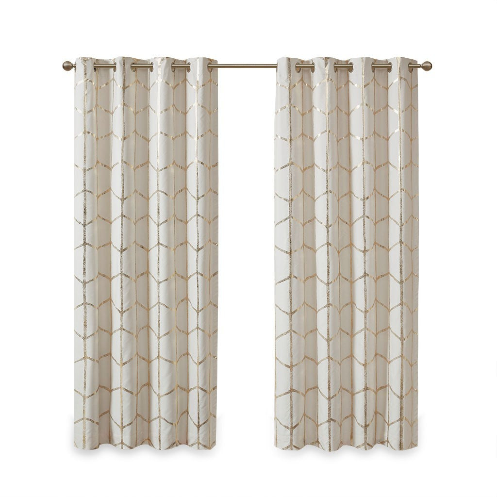 Total Blackout Metallic Print Grommet Top Curtain Panel Pair 2 Pcs Window Panels Ivory Gold Microfiber