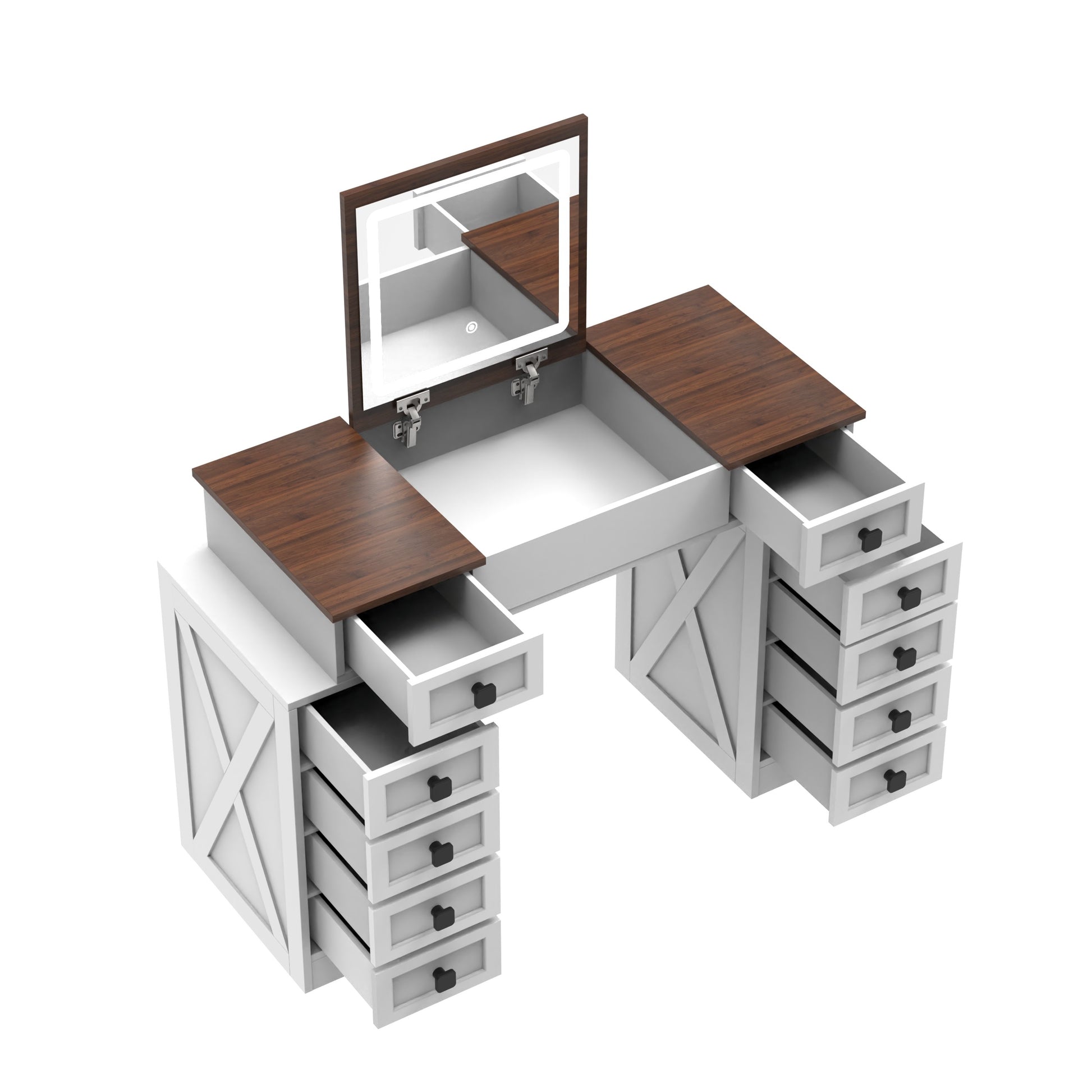 Vanity Desk With Dimmable Led Light With 10 Drawers, Makeup Table With Flip Up Mirror For Space Saving,Large Storage Vanity Table Set With Stool And Drawers, White Walnut Finish White Walnut Drawer