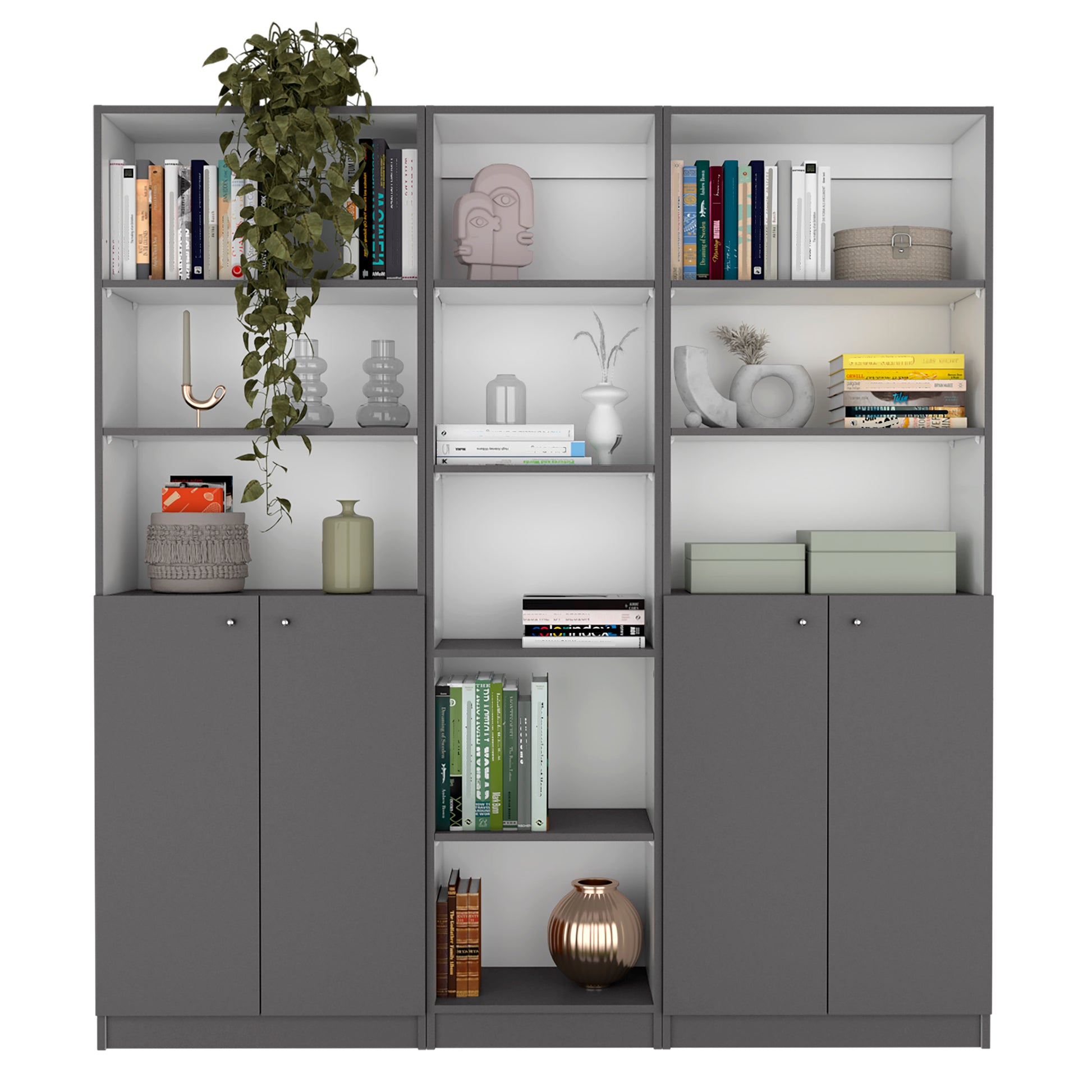 Acres 3 Piece Home Bookcase Set, 67" Wide With 11 Shelves And Two Double Door Cabinetliving Room Set Matt Gray White Freestanding 5 Or More Shelves Multicolor Office Modern Particle Board