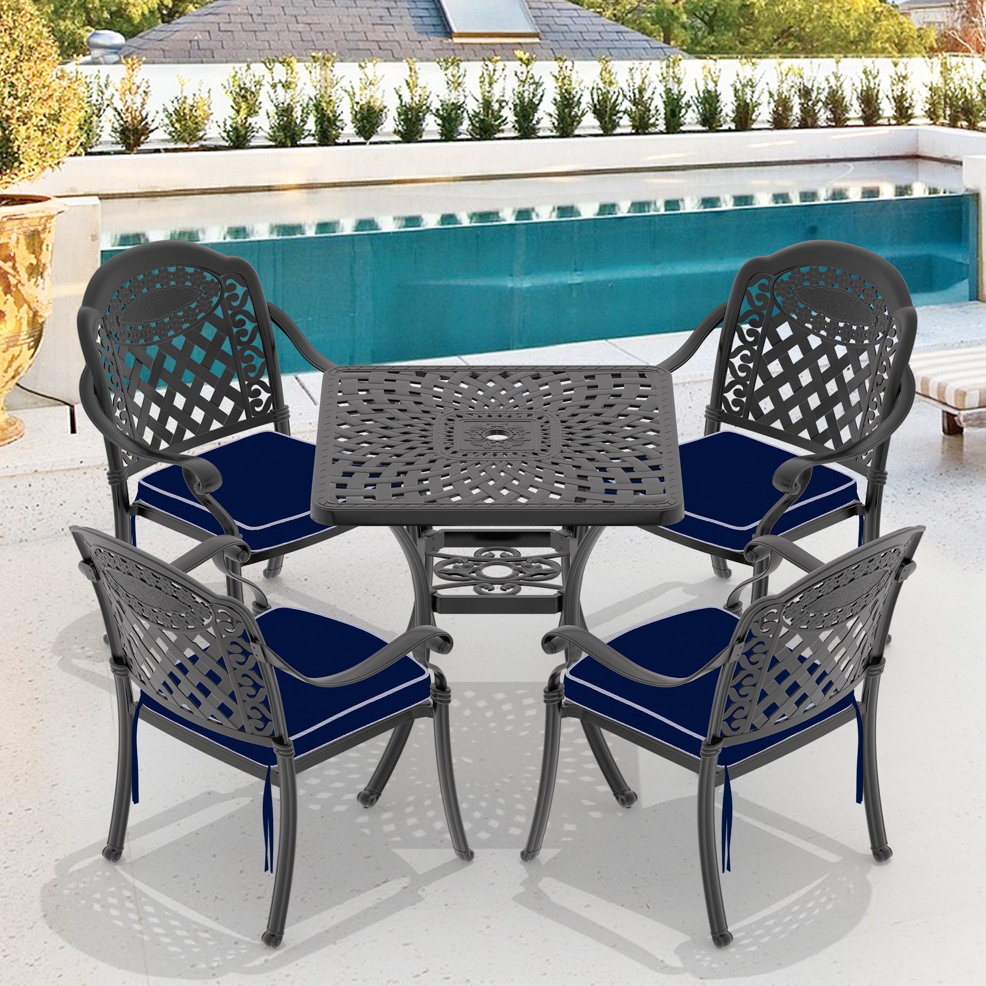 Cushions In Random Colors 5 Piece Set Of Cast Aluminum Patio Furniture With Cushions Yes Dining Set Black Seats 4 Rust Resistant Frame Water Resistant Cushion Garden & Outdoor Complete Patio Sets Aluminium